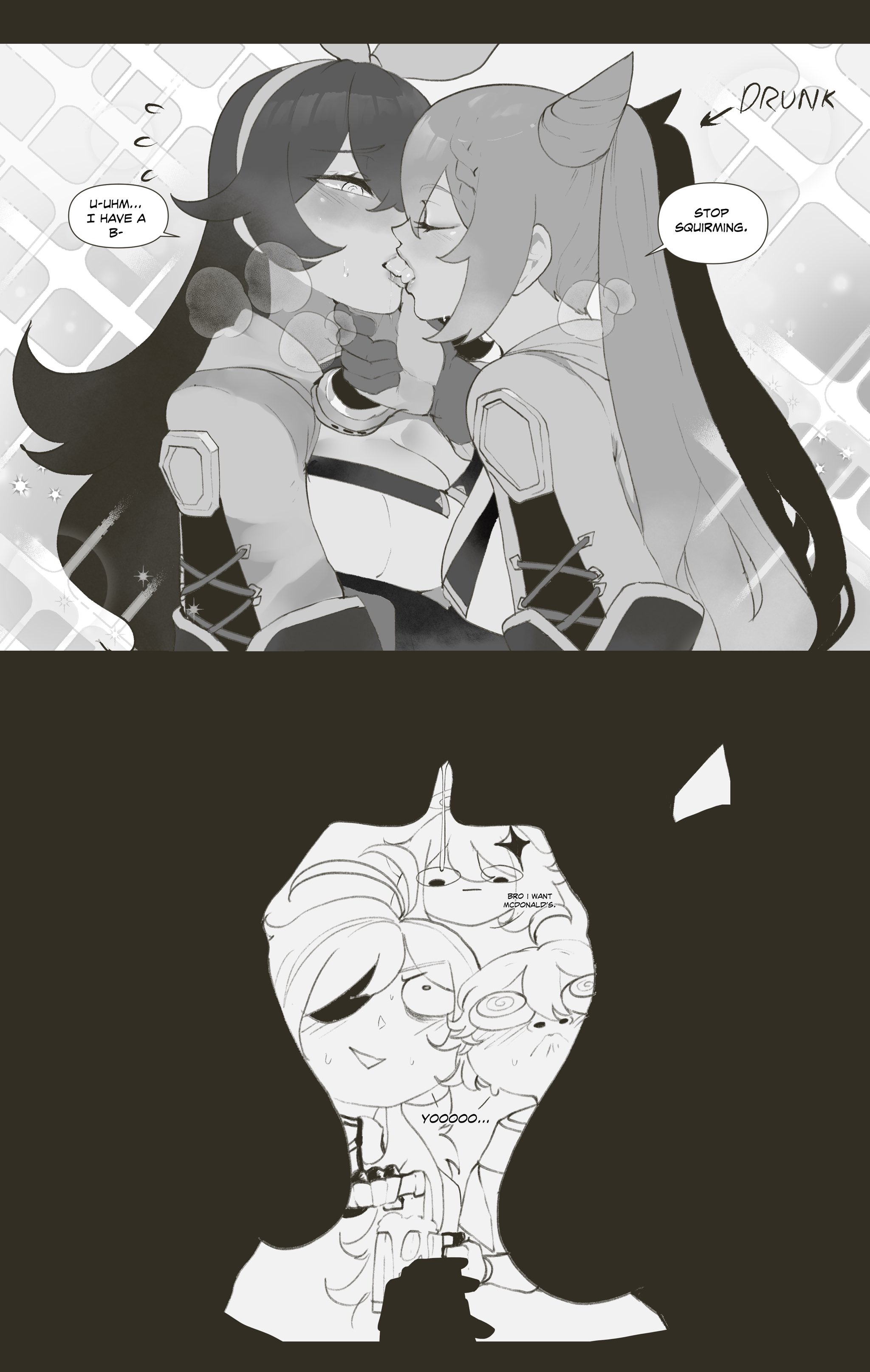 :d, @ @, 2021, 2girls, aether (genshin impact), alcohol, amber (genshin impact), beer, beer mug, blush, cup, drooling, drunk, english text, eyepatch, female, fingerless gloves, french kiss, genshin impact, gloves, greyscale, hair ornament, highres, holding hands, kaeya (genshin impact), keqing (genshin impact), kissing, monochrome, mug, multiple females, multiple girls, open mouth, paimon (genshin impact), silhouette, smile, sweat, thiccwithaq, tongue, tongue fucking, tongue kiss, yuri
