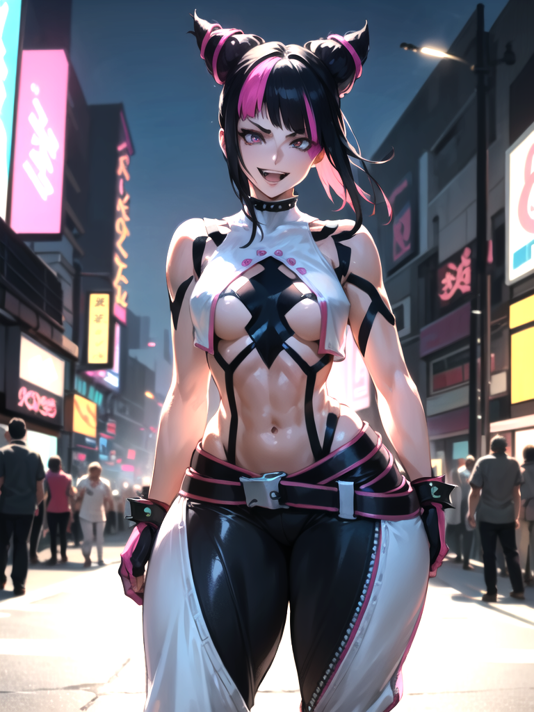 1girls abs ai_generated artie_zeta asymmetrical_bangs bangs belt black_hair body_tape breasts capcom city clothed collar crowd curvy female female_focus fingerless_gloves gloves hair_horns halter_top halterneck hourglass_figure human juri_han large_breasts looking_at_viewer open_mouth open_smile pink_eyes pink_hair public sidelocks smile solo_focus spiked_collar stable_diffusion streaked_hair street_fighter street_fighter_6 thick_thighs toned toned_female two_tone_hair