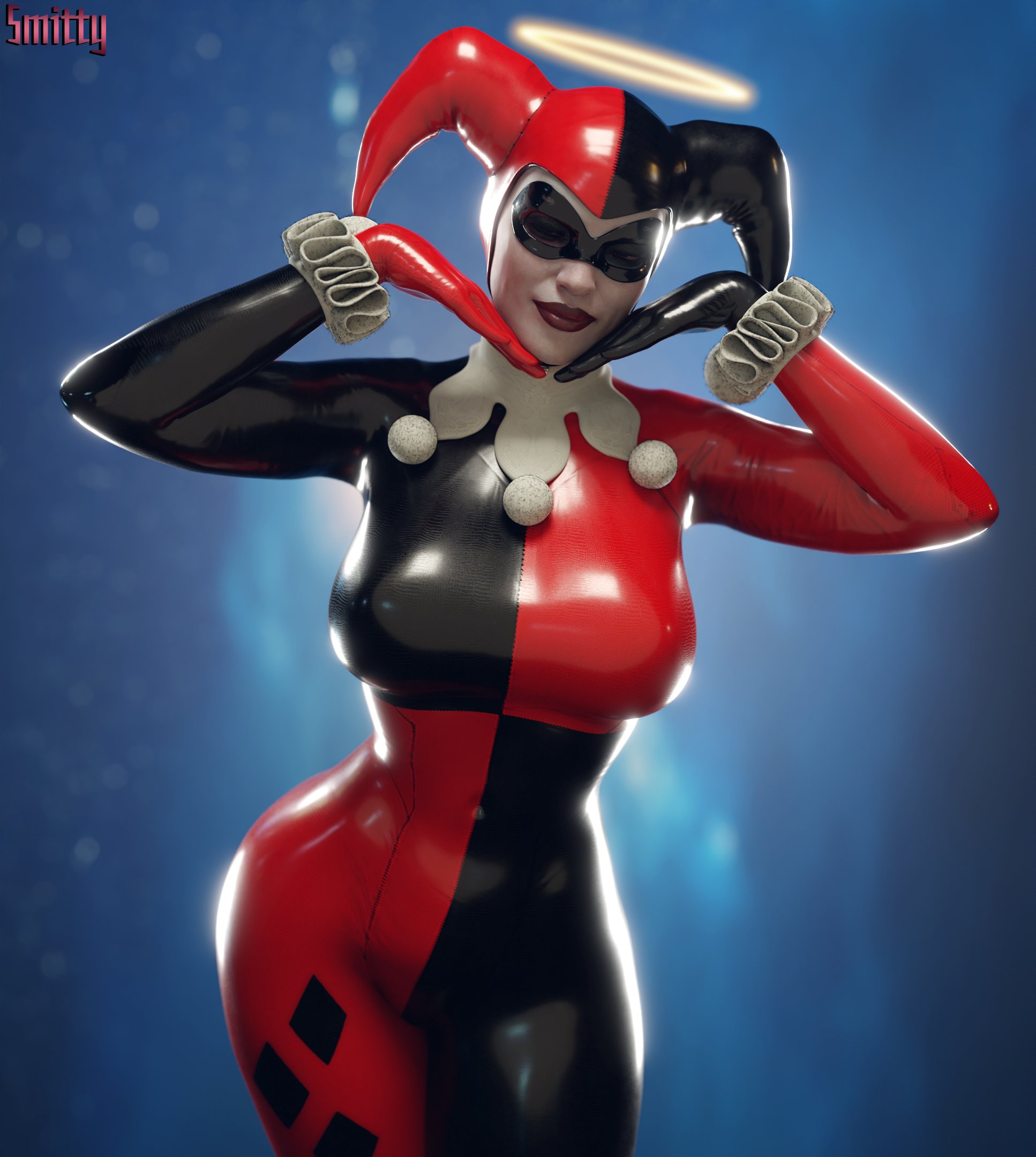 1girls, 3d, 3d (artwork), antiheroine, ass, athletic, athletic female, batman (series), batman: arkham knight, big ass, big breasts, blue eyes, bodysuit, breasts, busty, clown, clown girl, curvaceous, curvy, curvy figure, dc, dc comics, digital media (artwork), eyebrows, eyelashes, eyes, female, female focus, female only, fit, fit female, fully clothed, halo, harley quinn, harley quinn (classic), harley quinn (injustice), hips, hourglass figure, huge ass, huge breasts, human, injustice 2, jester, jester cap, jester costume, jester girl, jester hat, jester outfit, large ass, large breasts, legs, light skin, light-skinned female, lips, mature, mature female, pale skin, pale-skinned female, smitty34, solo, solo female, straight, thick, thick legs, thick thighs, thighs, top heavy, upper body, villain, villainess, voluptuous, waist, wide hips