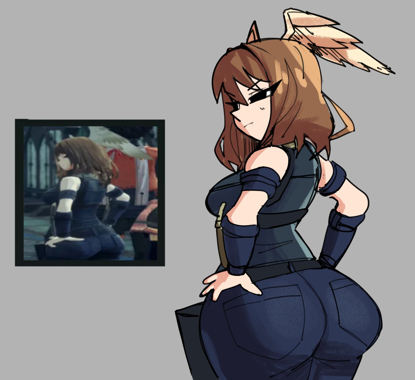 1girls, ass, big ass, big breasts, black eyes, breasts, brown hair, bubble ass, bubble butt, dotodonoto, eunie (xenoblade), fat ass, female, hand on hip, huge ass, huge breasts, huge butt, huge thighs, reference image, xenoblade (series), xenoblade chronicles (series), xenoblade chronicles 3
