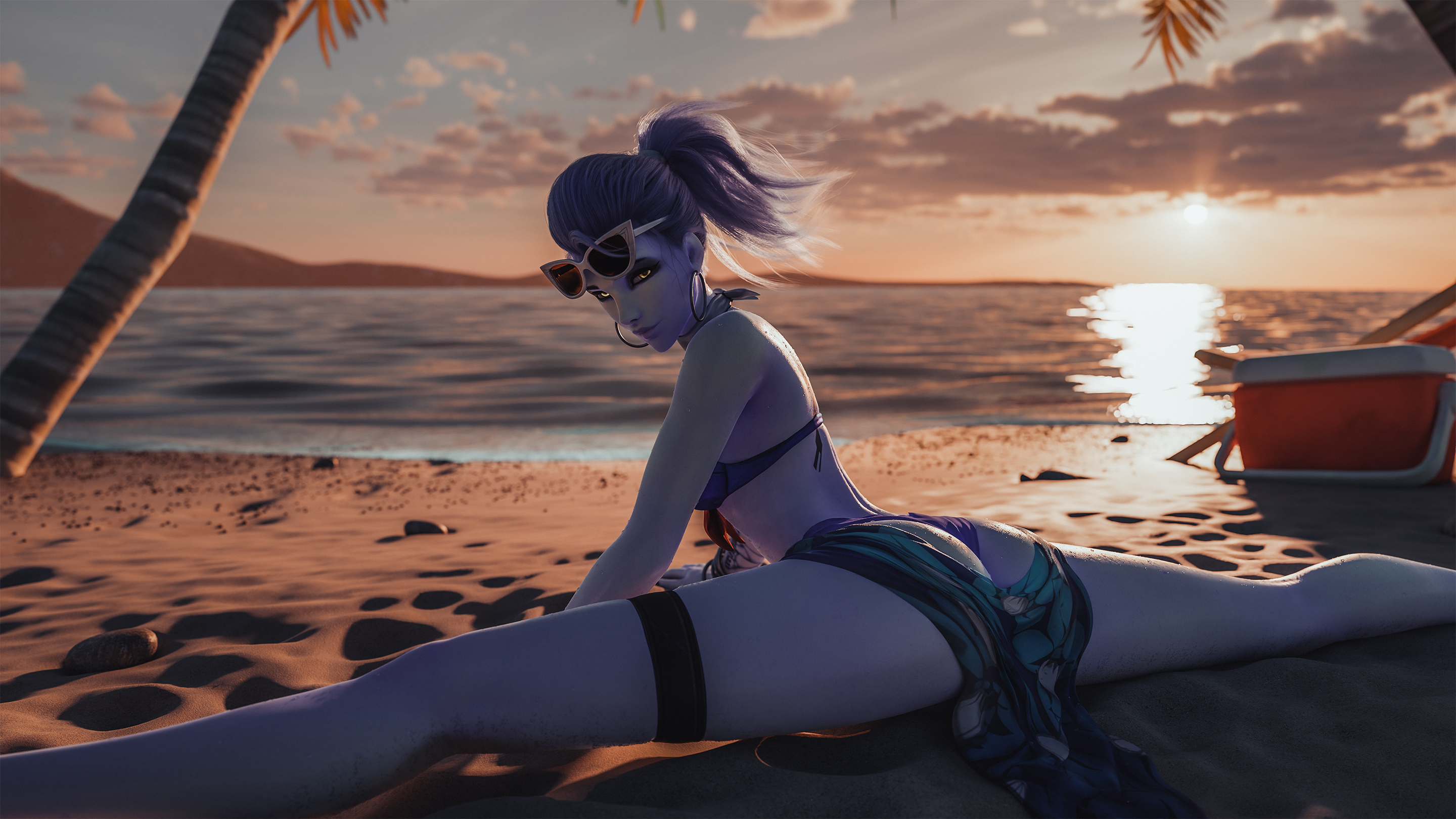 3d, beach, bikini, ecksoh, female, legs, looking at viewer, looking back, overwatch, solo, splits, spread legs, sunglasses, thong, widowmaker