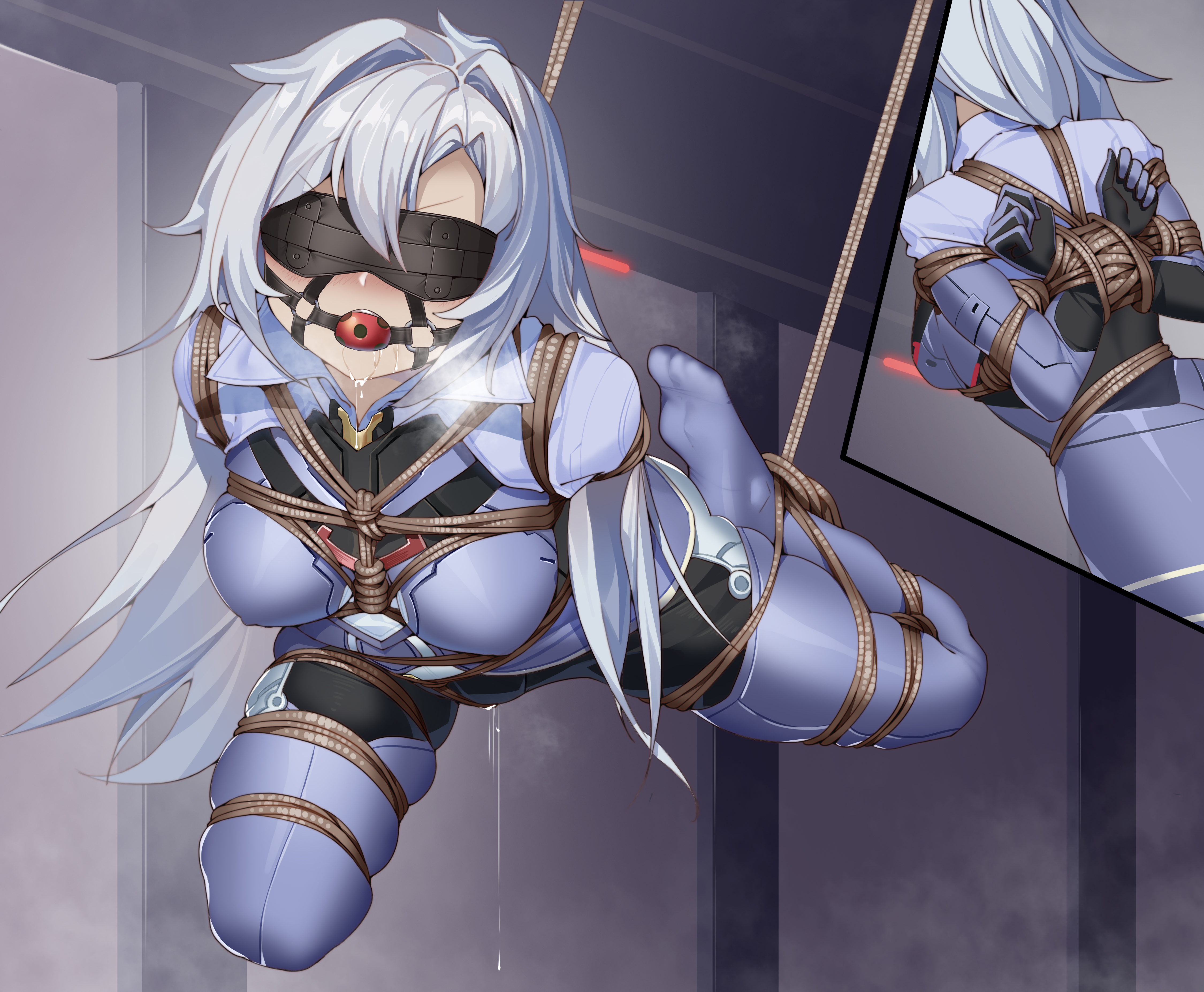 1girls, a (xenoblade), absurd res, aiza-ku, ass, ball gag, black gloves, black legwear, blindfold, blue stockings, blue thighhighs, bondage, bound, bound arms, bound wrists, breasts, bubble ass, bubble butt, busty, clothed, clothing, curvy, drooling, elbow gloves, female, female only, femsub, gag, gagged, gloves, highres, hourglass figure, large ass, legwear, long hair, medium breasts, monolith soft, nintendo, pussy, pussy juice, silver hair, stockings, submissive, submissive female, suspended, thick thighs, thighhighs, thighs, very long hair, voluptuous, wide hips, xenoblade (series), xenoblade chronicles 3, xenoblade chronicles 3: future redeemed