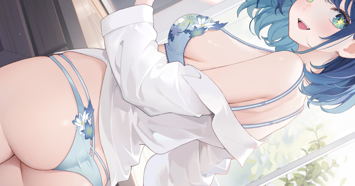 :d, ass, blue eyes, blue hair, blush, breasts, commentary request, fangs, female, floral print, kurokawa akane, long sleeves, looking at viewer, machi (7769), medium breasts, medium hair, multicolored hair, open mouth, oshi no ko, smile, solo, star (symbol), star-shaped pupils, symbol-shaped pupils