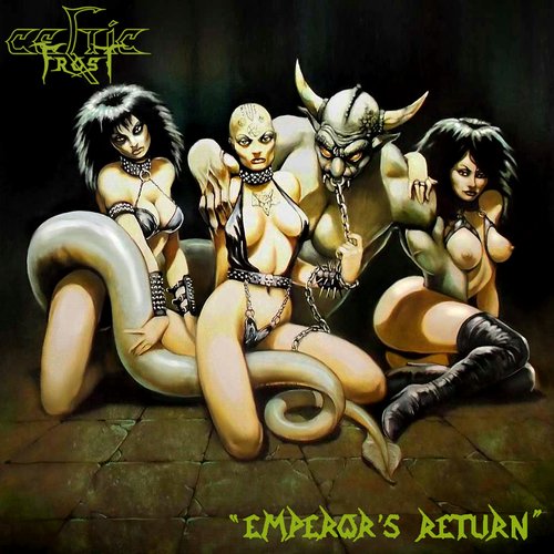 3girls album_cover bald bald_female black_hair celtic_frost dungeon interspecies multiple_girls nipples revealing_clothes satan tattoo