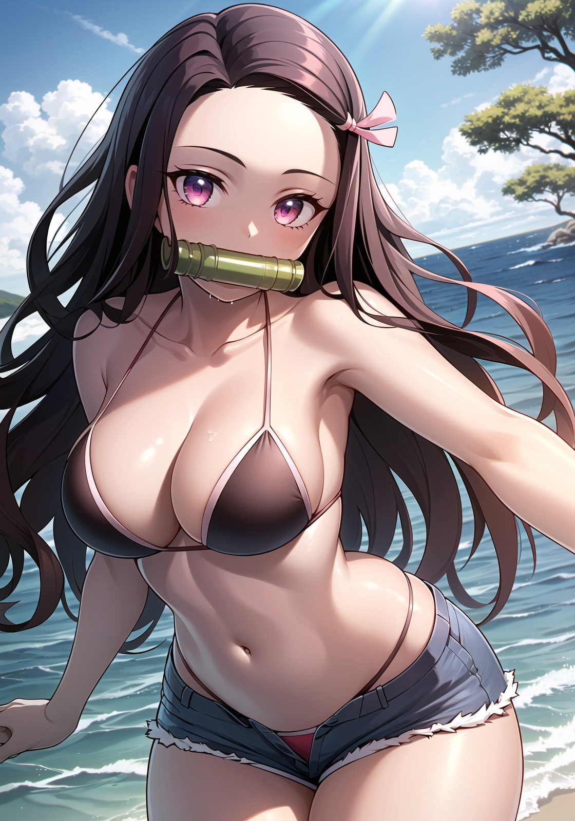 adult swim, ai generated, beach, bikini, bikini top, boobs, breasts, demon slayer, female, jean shorts, kamado nezuko, kimetsu no yaiba, long hair, nezuko kamado, pink eyes, stable diffusion, toonami