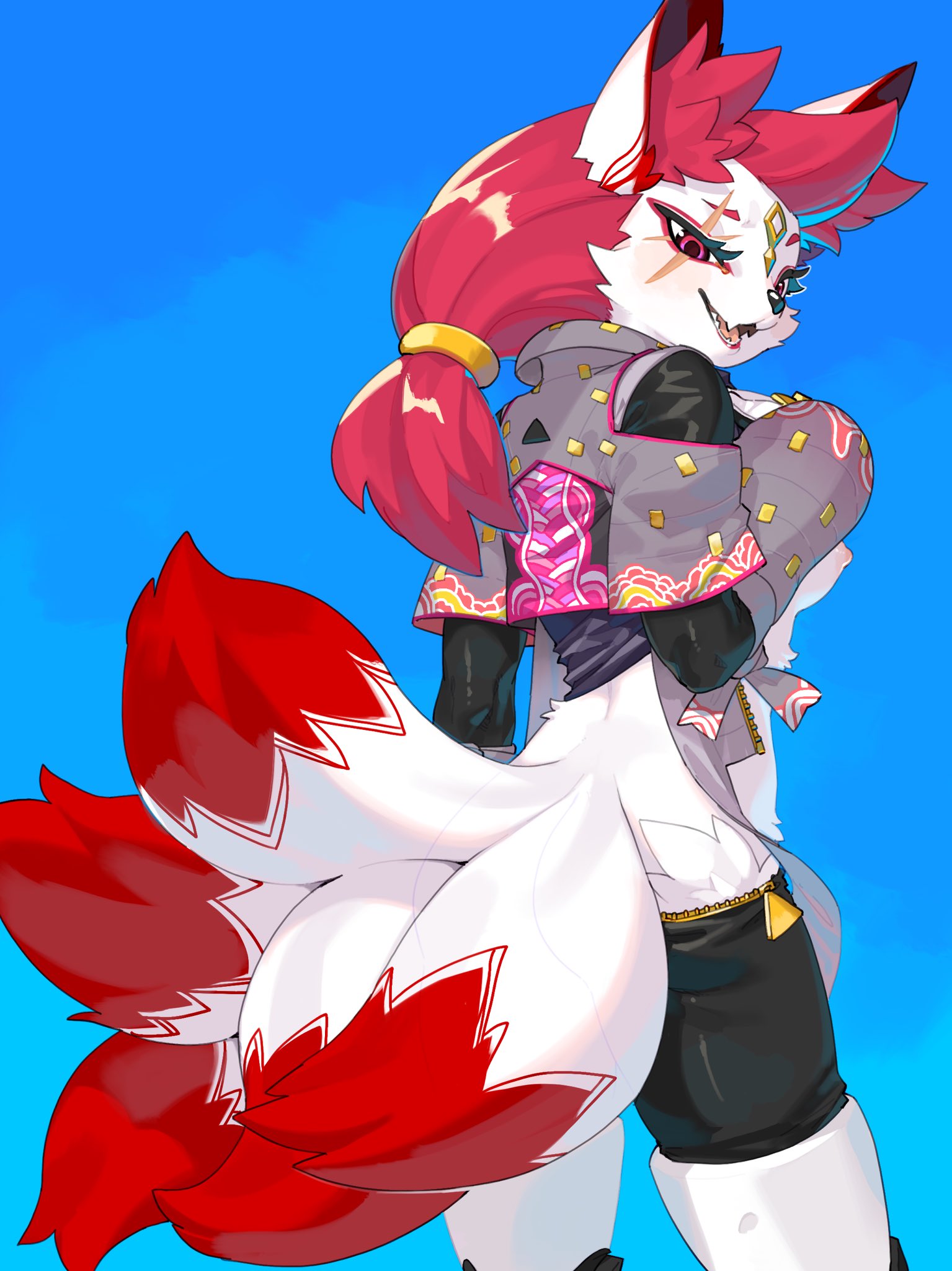 2023, anthro, breasts, canid, canine, clothed, clothing, epic games, female, fortnite, fox, fur, hi res, kame 3, kimiko (fortnite), looking at viewer, looking back, looking back at viewer, mammal, nipples, pink eyes, solo, white body, white fur