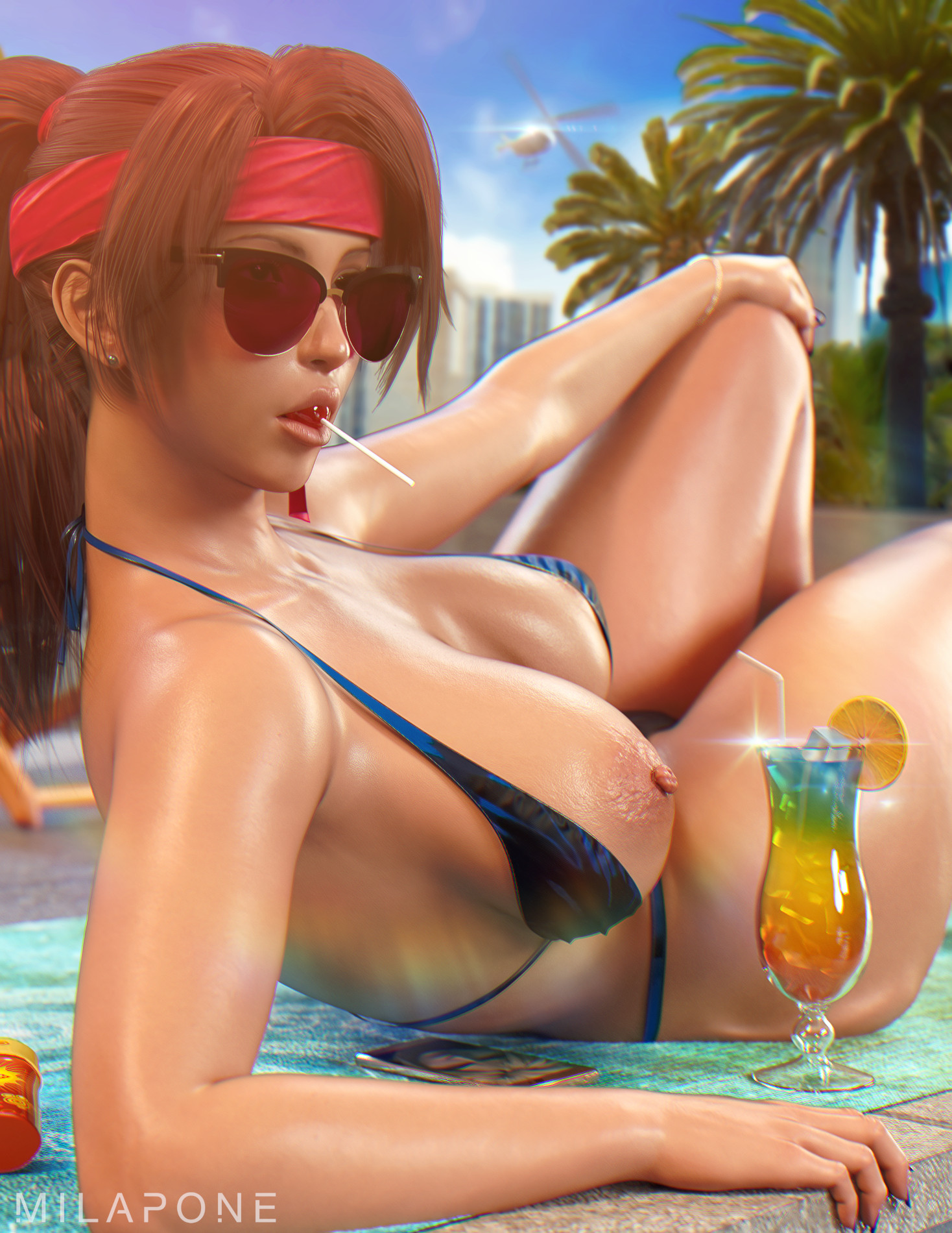 1girls, 3d, abs, beach, big breasts, bikini, breasts, brown eyes, brown hair, drink, female, female only, final fantasy, final fantasy vii, final fantasy vii remake, headband, hi res, jessie rasberry, large breasts, looking at viewer, milapone, pose, pussy, solo, sunglasses, swimsuit, tan, tanned, tanned female, tanned skin, thick thighs, thighs, tropical drink, wide hips