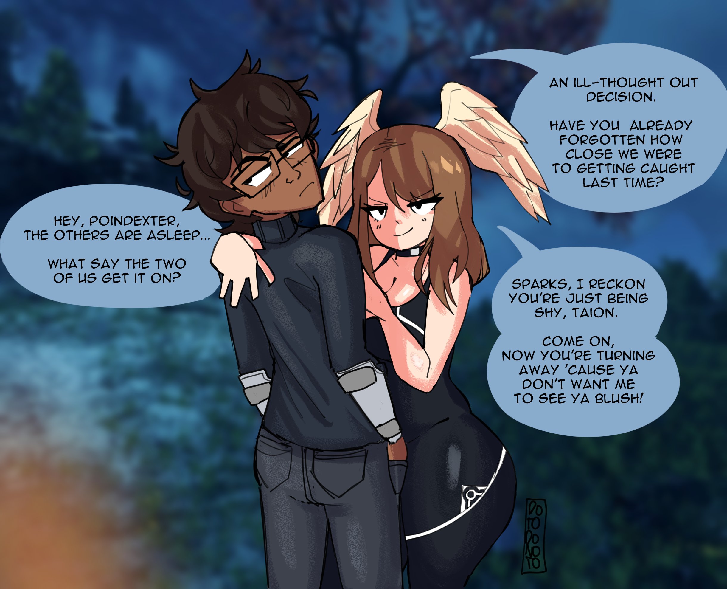 1boy, 1girls, asking for sex, ass, assertive female, big breasts, black eyes, breasts, brown hair, bubble ass, bubble butt, dark skin, dark-skinned male, dirty talk, dotodonoto, embrace, english text, eunie (xenoblade), female, fully clothed, glasses, horny, horny female, huge ass, huge butt, huge thighs, hugging, light skin, light-skinned female, male, naughty face, nerd, reluctant, seduction, seductive, smirk, speech bubble, taion (xenoblade), teasing, text, wanting sex, xenoblade (series), xenoblade chronicles 3