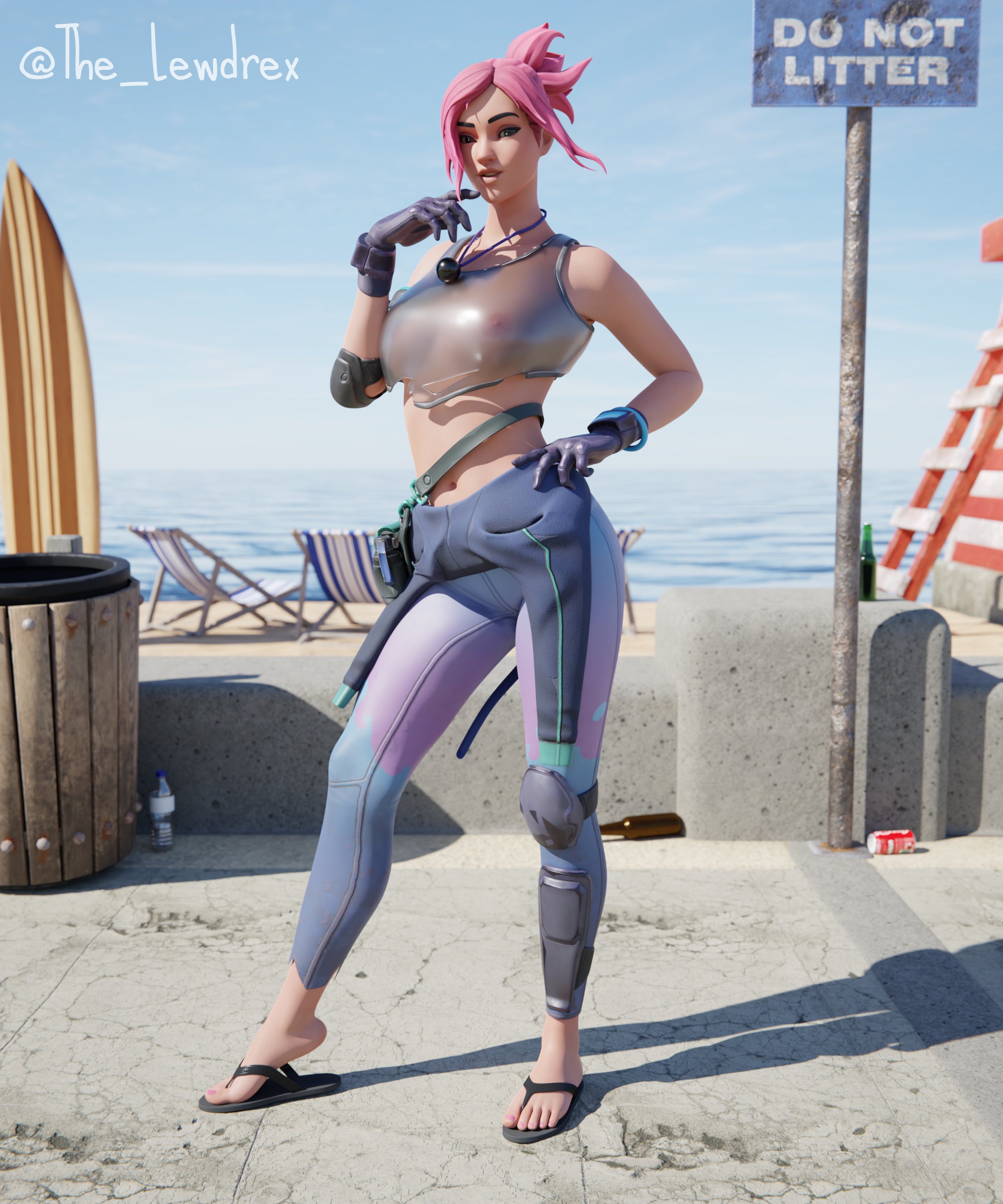 1girls, 3d, alternate version available, areolae, beach, beach chair, blender, blurry, blurry background, bottomwear, breasts, chair, clothed, clothing, cloud, clouds, detailed background, epic games, female, female focus, female only, flip flops, fortnite, gloves, half naked, half-dressed, hand on waist, handwear, highres, jacket, leggings, lewdrex, looking at viewer, medium breasts, nipples, nipples visible through clothing, ocean, ocean (fortnite), outdoors, outside, pants, pink hair, pose, posing, presenting, presenting breasts, sand, sandals, see-through, see-through clothing, see-through top, shadow, sky, solo, solo focus, standing, sun, sunlight, topwear, watermark