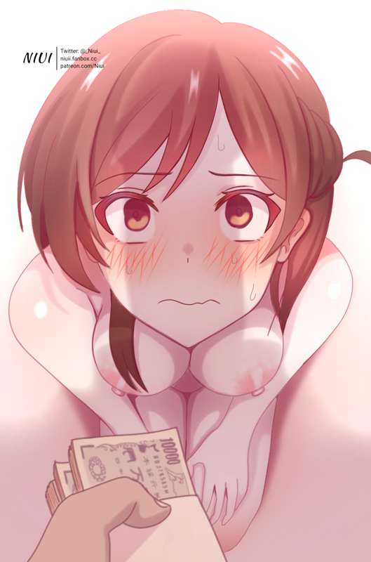 1boy, 1girls, blush, blushing at viewer, breasts, embarrassed, female, flaccid, imminent oral, kanojo okarishimasu, male, mizuhara chizuru, money, netorare, niui, nude, offering money, penis, penis awe, pov, pov eye contact, prostitution, shadow, silhouette