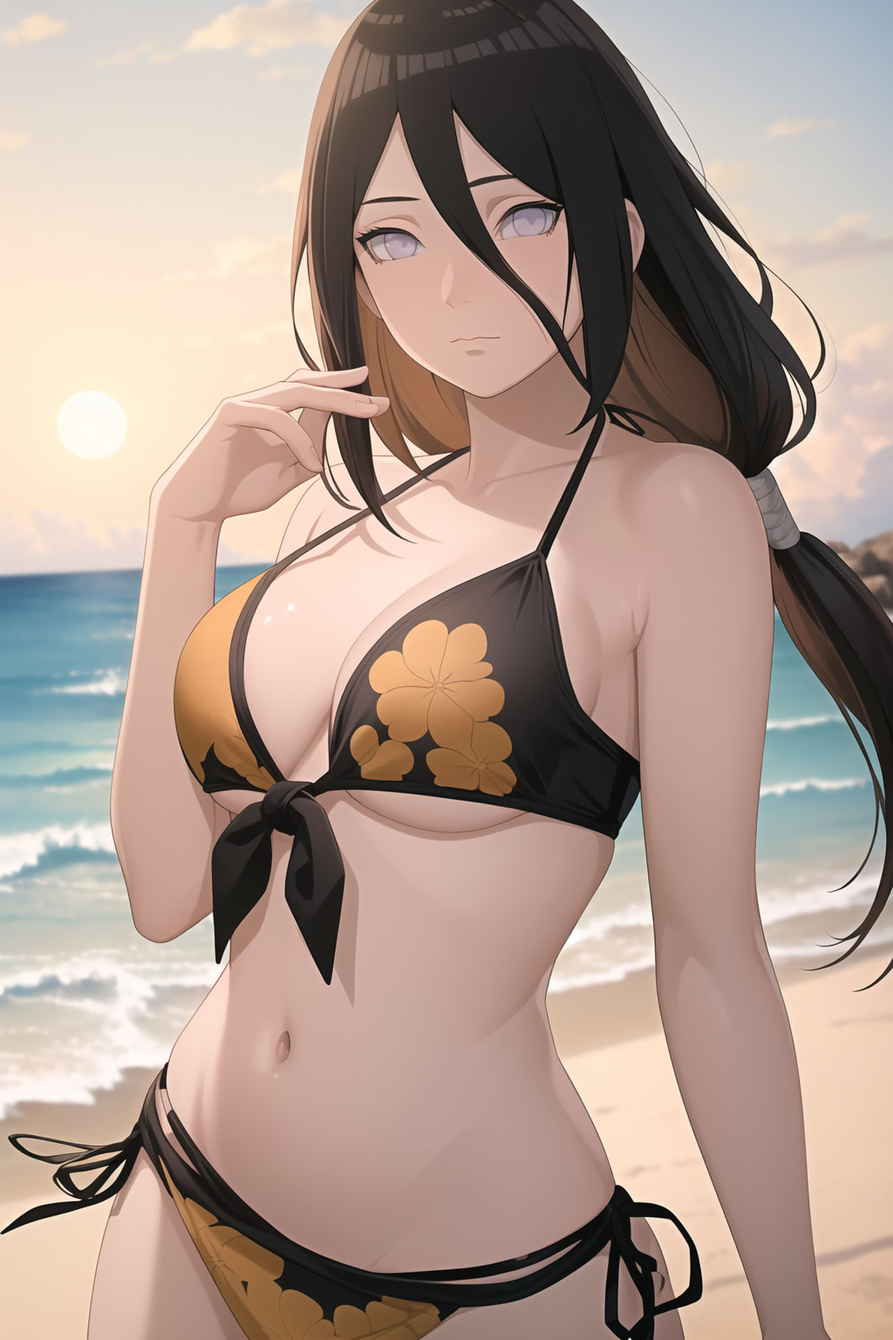 1girls, ai generated, bare shoulders, beach, bikini, bikini bottom, bikini top, boruto: naruto next generations, breasts, brown hair, busty, cleavage, collarbone, female, female only, floral print, front-tie bikini, front-tie bikini top, hyuuga hanabi, lavender eyes, long hair, looking at viewer, nai diffusion, naruto, naruto (series), outdoors, ponytail, seaside, side-tie bikini, side-tie bikini bottom, solo, solo focus, stable diffusion, sunset, swimsuit, tied hair, tiger-groves, upper body, very long hair, wide hips