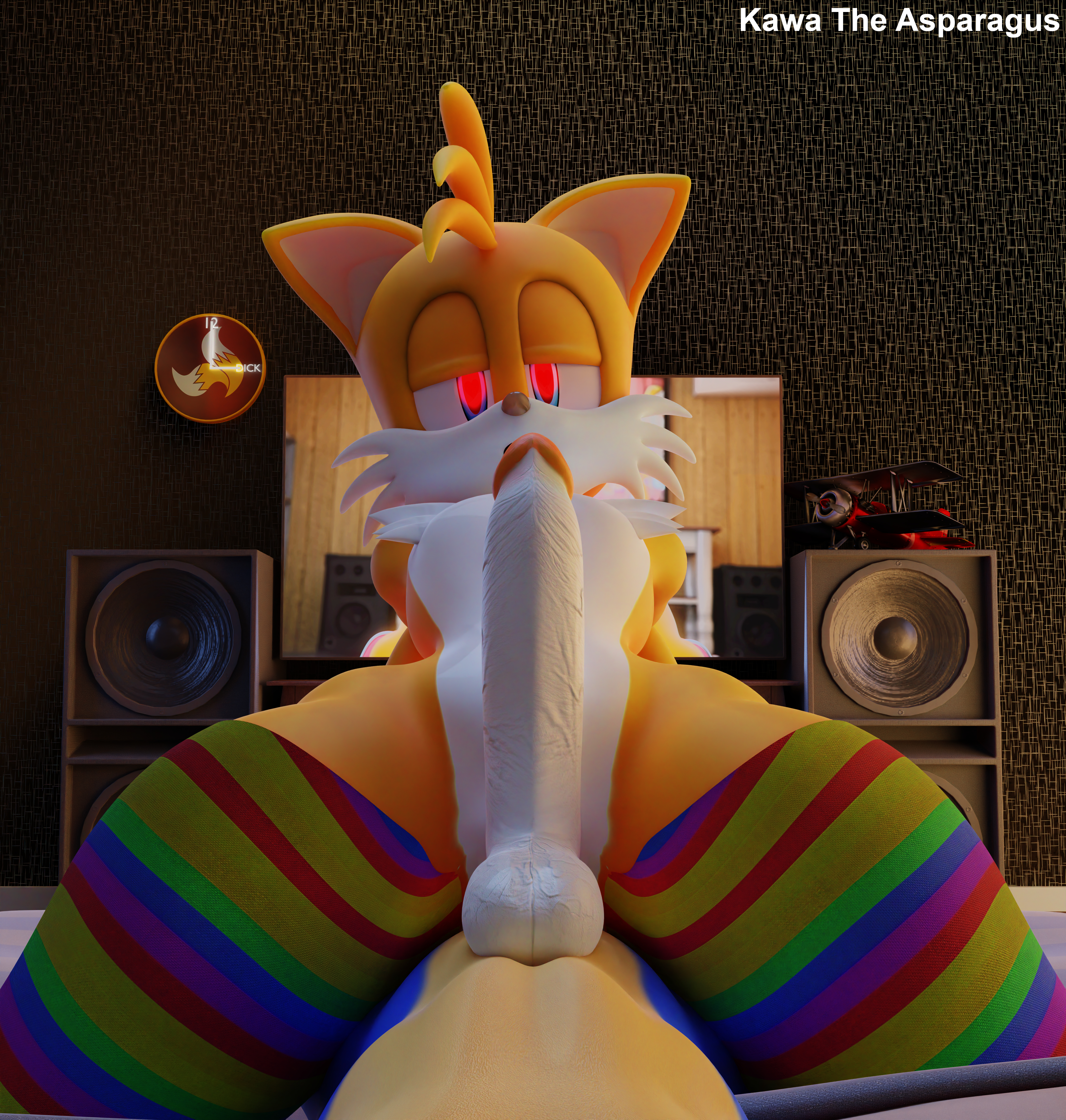 <3 eyes, 1:1, 3d, 3d (artwork), absurd res, aircraft, airplane, animal humanoid, anthro, balls, bed, bedroom, big penis, blue body, blue eyes, blue fur, canid, canine, clock, clothing, cowgirl position, digital media (artwork), duo, english text, eulipotyphlan, female, femboy, footwear, fox, from front position, fur, furniture, genitals, girly, heart, hedgehog, hi res, huge cock, humanoid, humanoid genitalia, humanoid penis, inside, kawa the asparagus, legwear, looking at viewer, lying, male, male on bottom, male penetrating, male/male, mammal, mammal humanoid, miles prower, multicolored clothing, nude, on bed, on bottom, on top, open mouth, penetration, penis, presenting, presenting penis, rainbow clothing, sega, sex, shoes, sonic (series), sonic the hedgehog, sonic the hedgehog (series), speaker, stockings, tails, tails the fox, television, text, vehicle, white body, white fur, yellow body, yellow fur