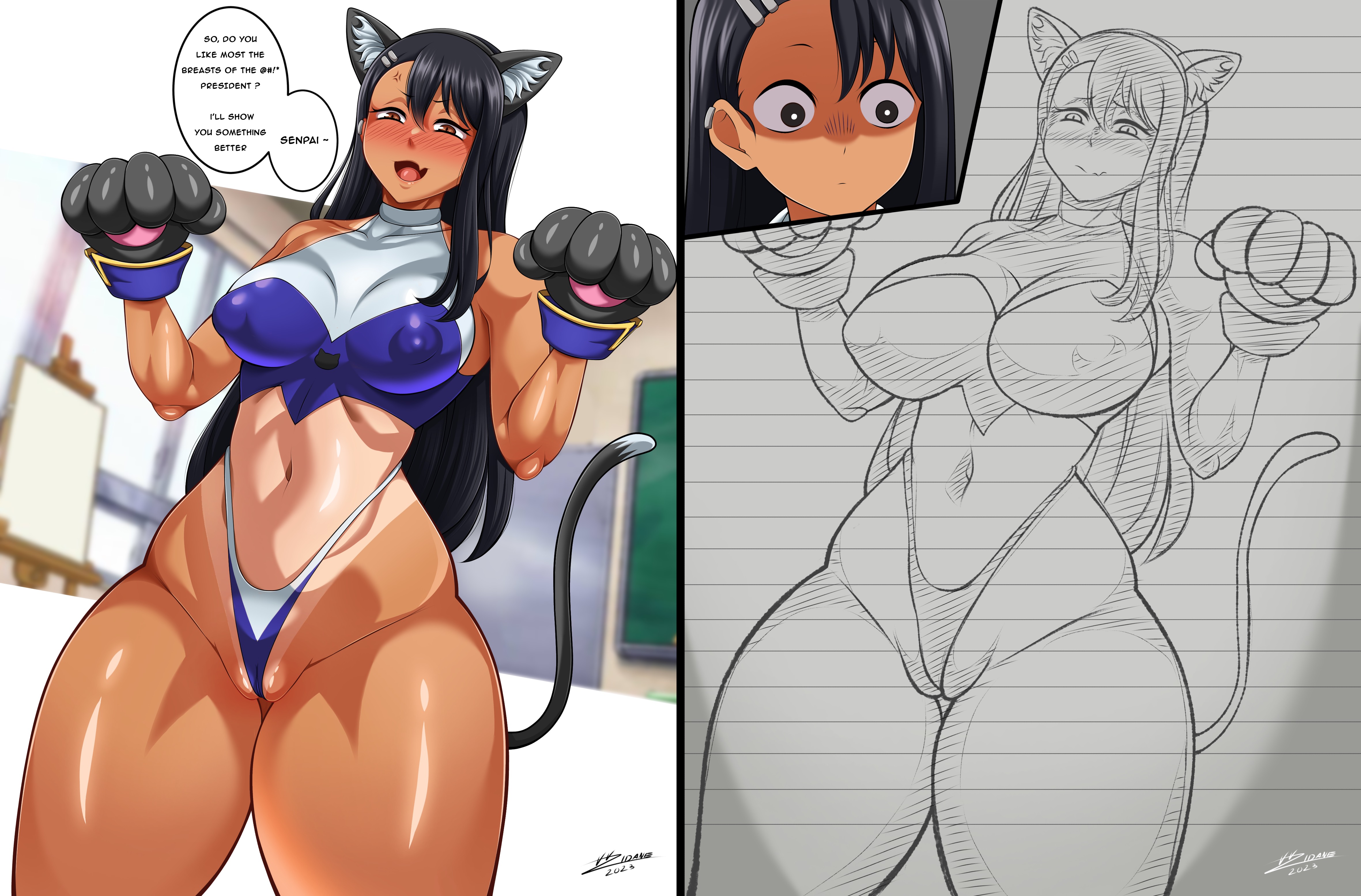1girls, abdomen, black hair, breasts, brown eyes, cat ears, cat girl, catgirl, clothed, clothing, english text, female, female focus, female only, hayase nagatoro, hi res, highres, iiron o neill, large breasts, lingerie, long hair, please don't bully me, nagatoro, revealing clothes, simple background, small breasts, solo, stomach, tan, tan body, tan skin, tan-skinned female, tanned, tanned female, text
