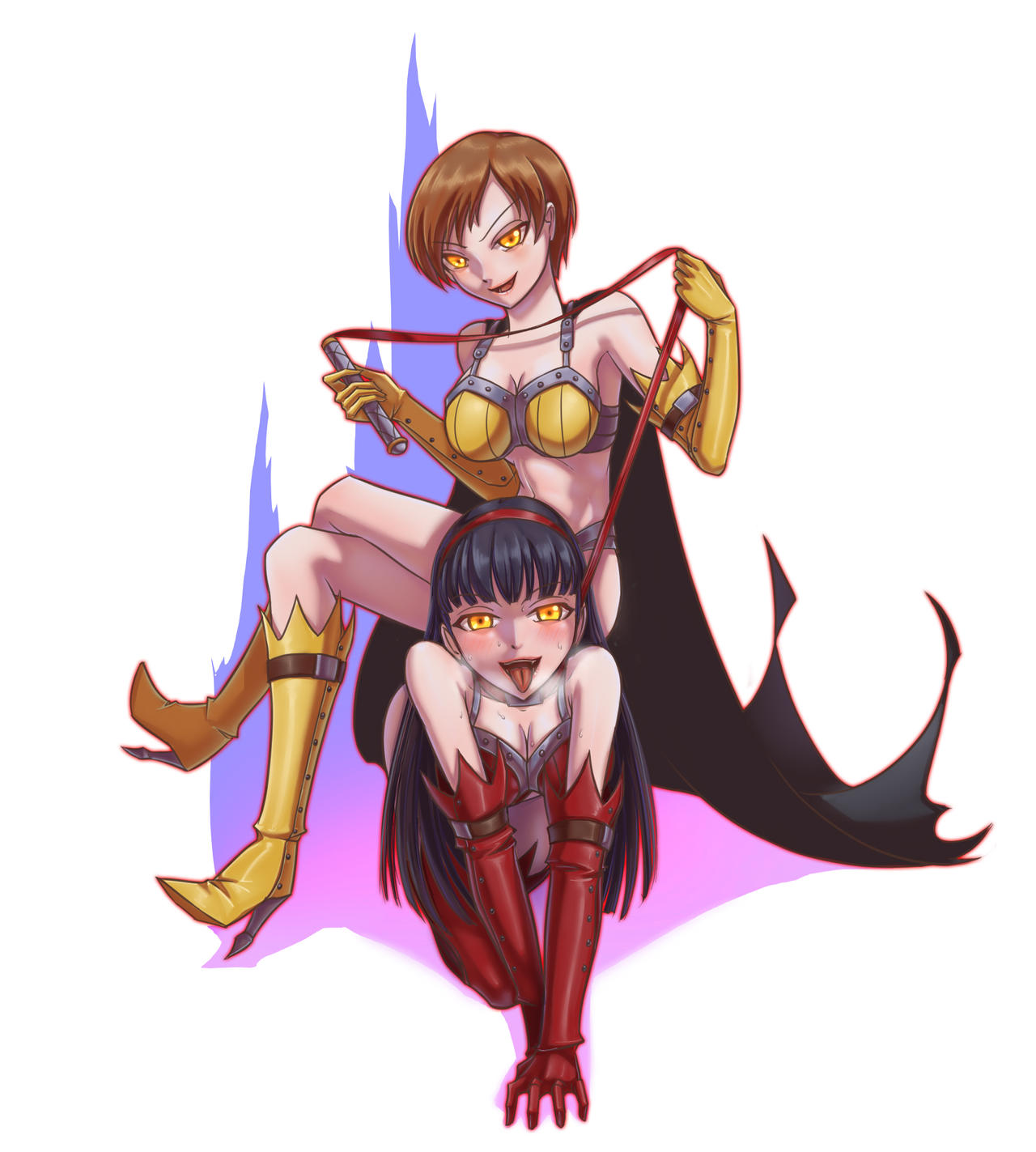 2girls all_fours amagi_yukiko atlus black_hair bondage bra breasts breath breath_cloud brown_hair cape collar dominatrix elbow_gloves femdom femsub gloves glowing_eyes hairband high_heel_boots holding_whip human_furniture leebigtree long_hair looking_at_viewer medium_breasts midriff multiple_girls navel persona persona_4 pet_play petplay red_bra satonaka_chie sega shadow_(persona) shadow_chie shadow_self_(persona) short_hair sitting sitting_on_person sitting_on_sub slave sweating whip yellow_bra yellow_eyes yuri