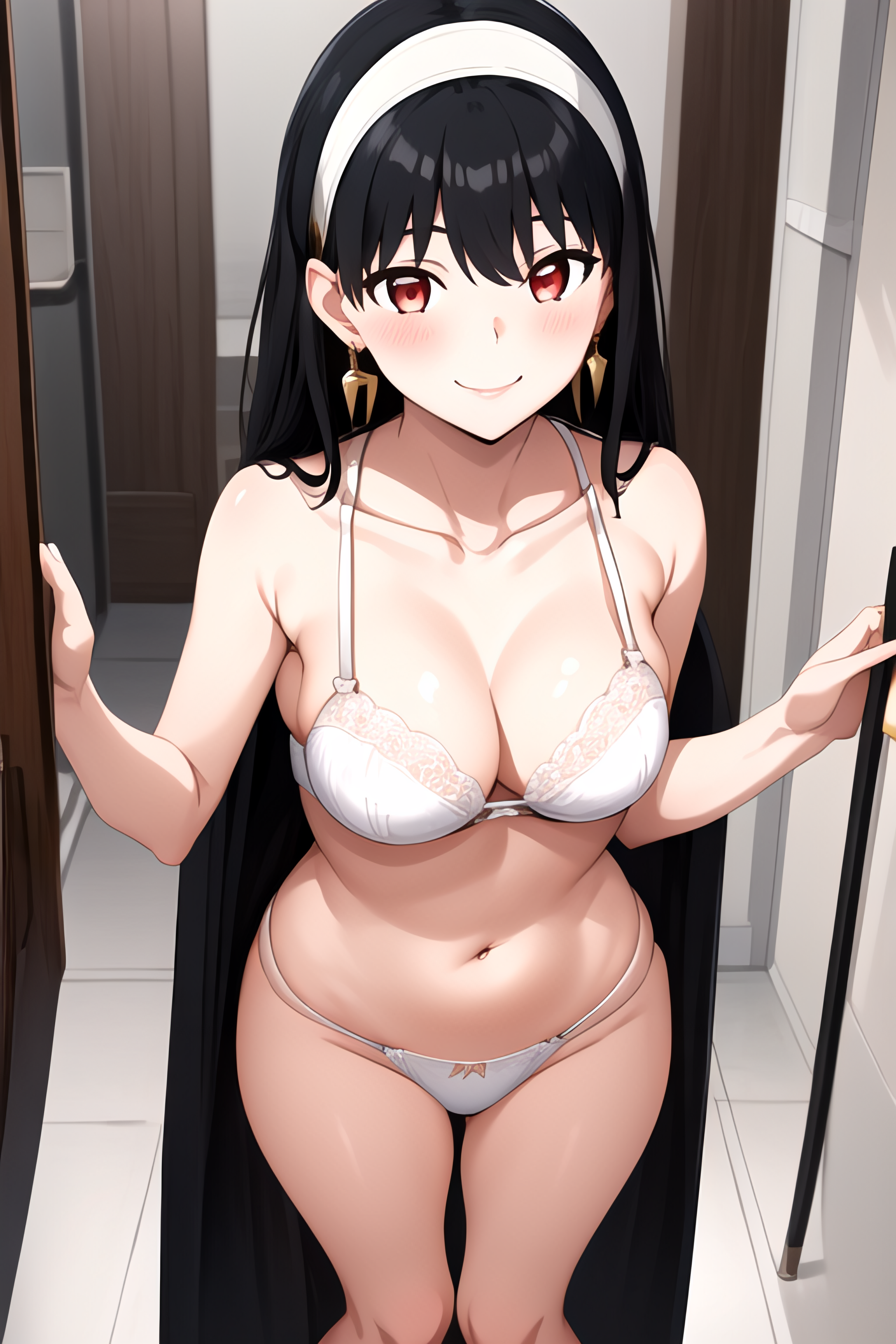ai generated, bangs, bare shoulders, black hair, blush, bow panties, bra, breasts, cleavage, closed mouth, collarbone, cross earrings, door, earrings, female, hairband, jewelry, lace, lace trim, large breasts, long hair, looking at viewer, navel, open door, panties, smile, solo, solo female, spy x family, stable diffusion, standing, stomach, thighs, underwear, very long hair, white bra, white panties, yor briar