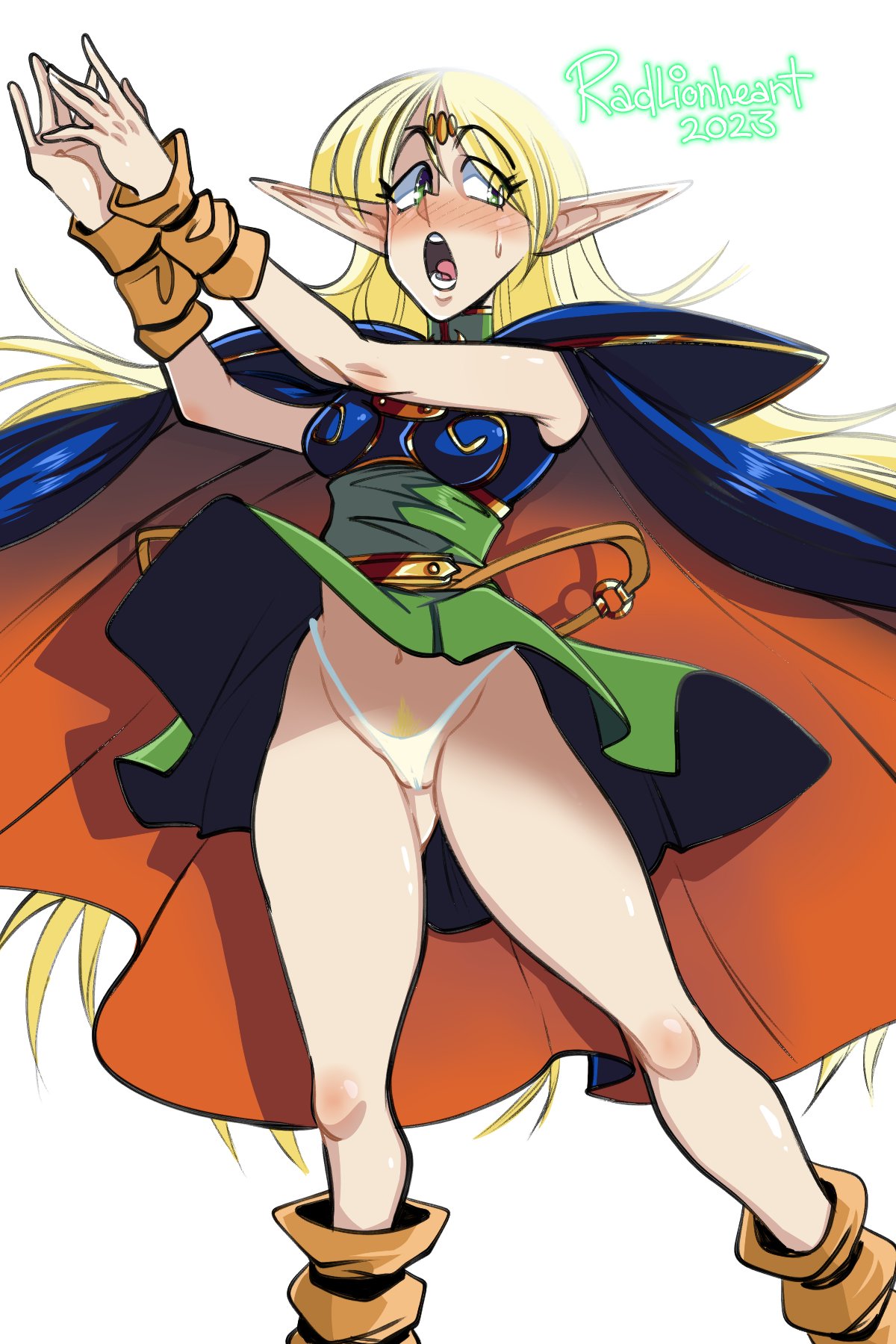 blonde_hair cape deedlit panties pointy_ears pubic_hair radlionheart record_of_lodoss_war skirt_up upskirt white_panties