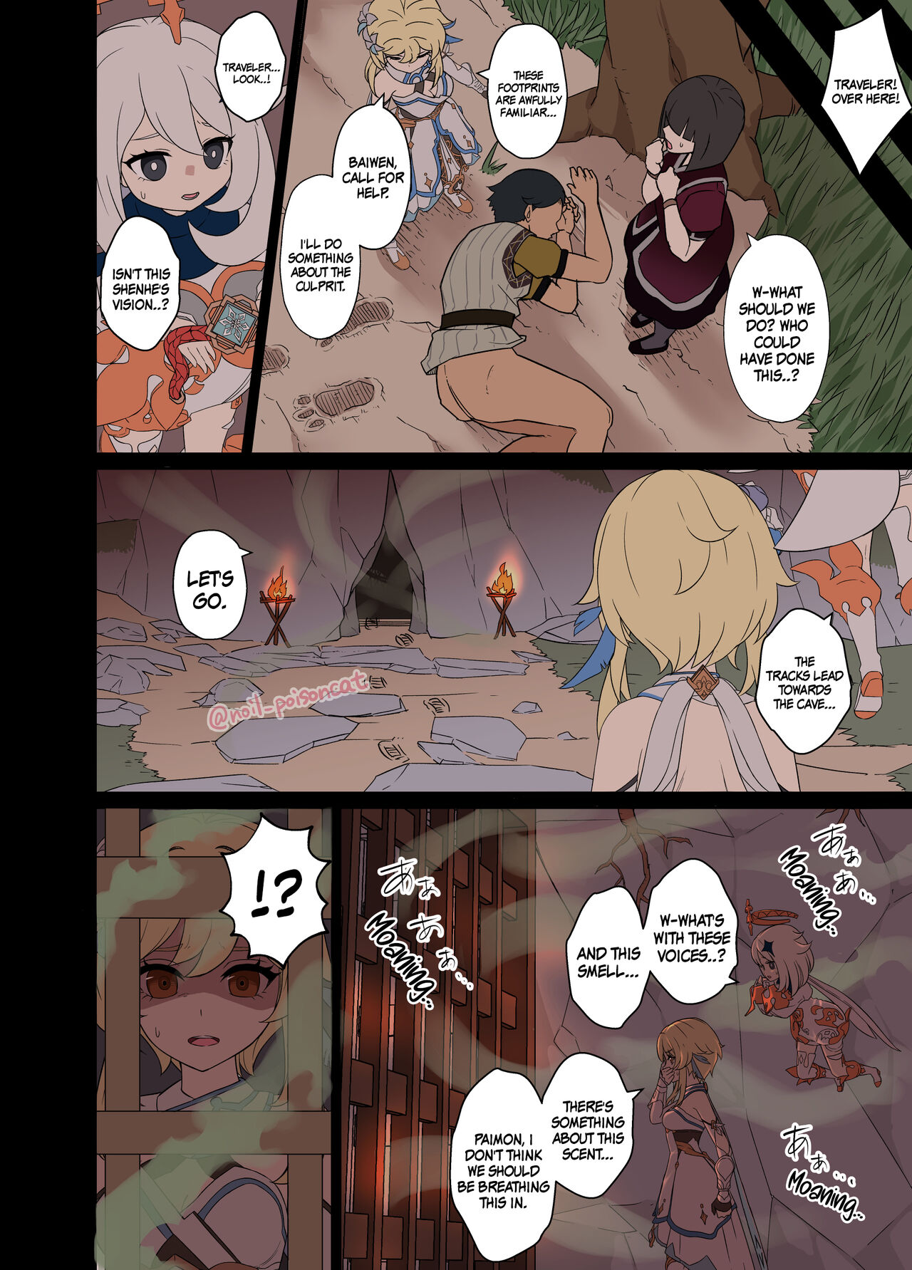 blonde, blonde female, blonde hair, comic, comic page, dokuneko noil, female, female focus, genshin impact, knocked out, light skin, light-skinned female, male, male only, male/female, pants down, shenhe (genshin impact), smell