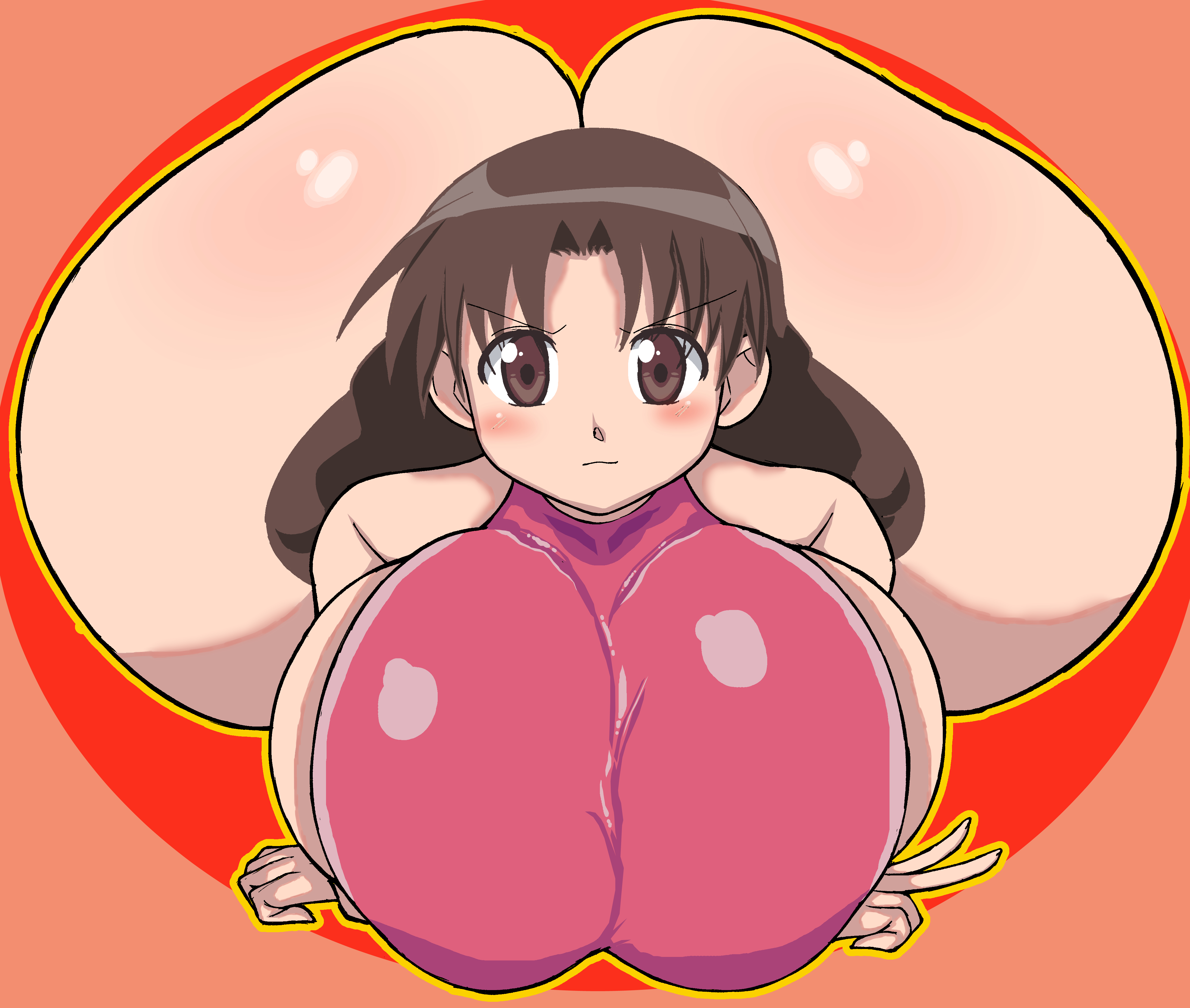 1girls, ass, ass body, azumanga daiou, big ass, blush, breasts, brown eyes, brown hair, edit, female, front facing with ass, furrowed brow, gigantic ass, highres, huge ass, huge breasts, peace sign, please look forward to it, solo, swimsuit, thanuki, thanukiart, yukari tanizaki