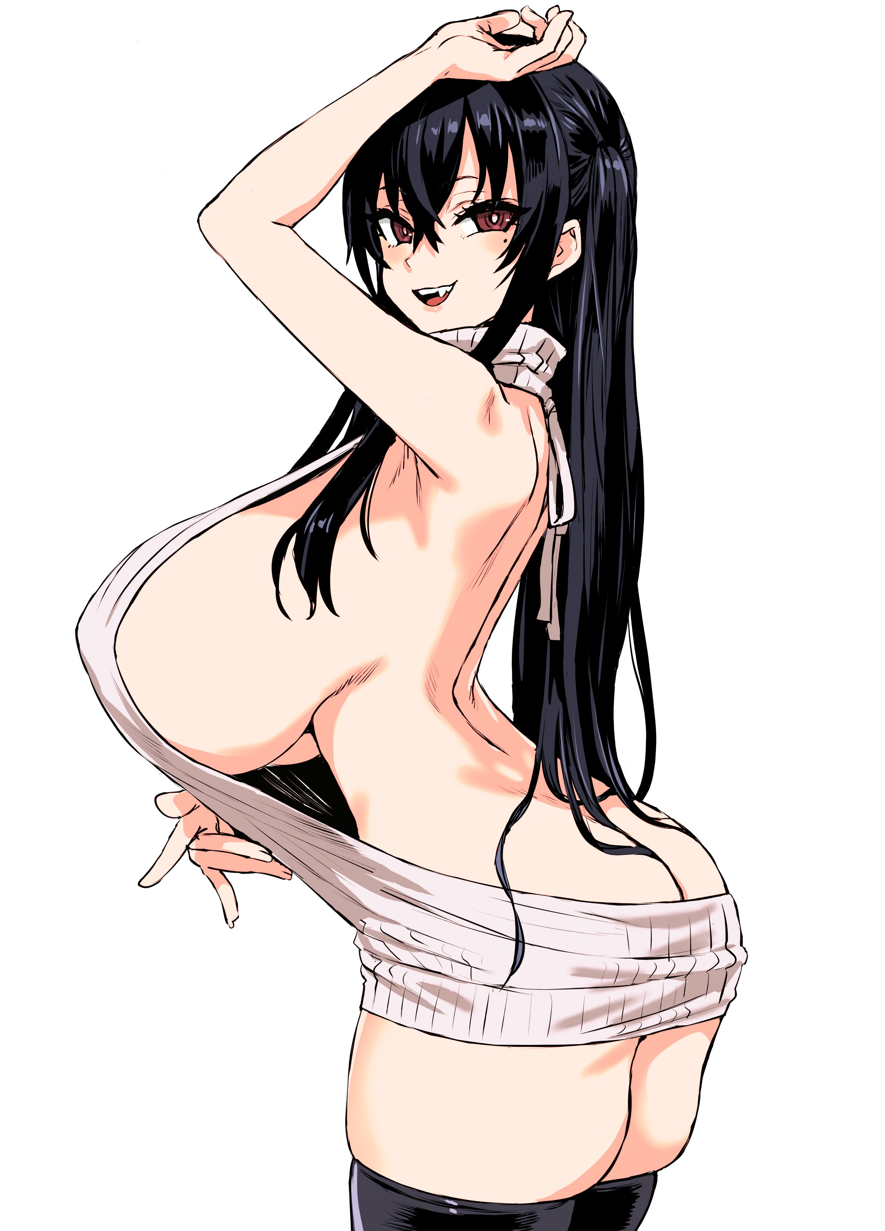 asanagi, ass, back, backless dress, backless outfit, bare shoulders, big breasts, blush, breasts, colored, dress, female, female only, gigantic breasts, greyscale, highres, long hair, looking at viewer, looking back, meme attire, open mouth, original, sideboob, sidelocks, simple background, smile, solo, solo female, thighhighs, thighs, third-party edit, tied hair, two side up, virgin killer sweater, white background