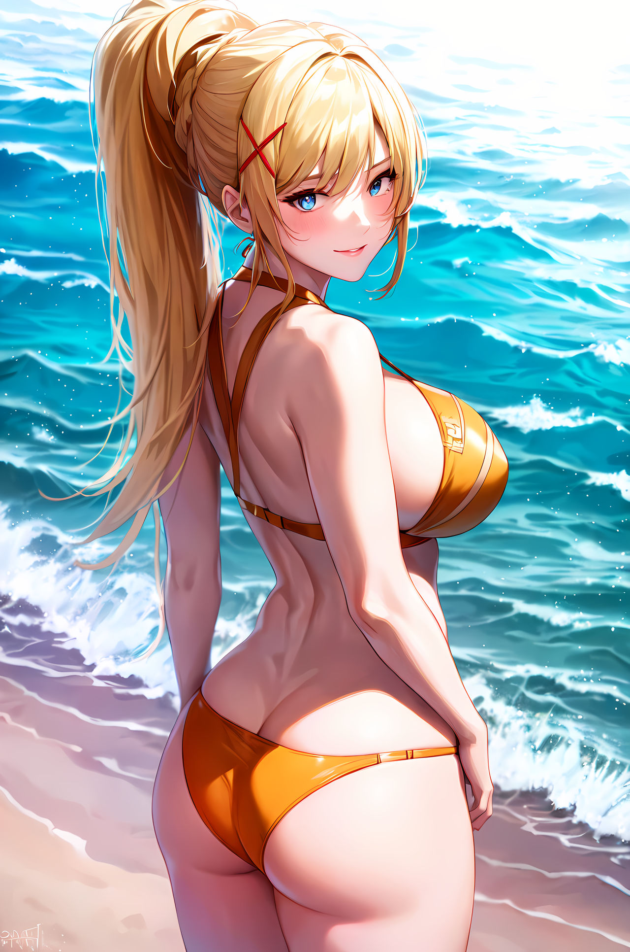 1girls, ai generated, ass, beach, big ass, big breasts, bikini, blonde hair, blue eyes, breasts, busty, darkness (konosuba), fat ass, female, female only, hi res, kono subarashii sekai ni shukufuku wo!, large breasts, legs, long hair, looking at viewer, looking back, mommy, ocean, parted lips, pink lipstick, ponytail, sensual, sideboob, smile, stable diffusion, thighs, voluptuous, water, yellow bikini