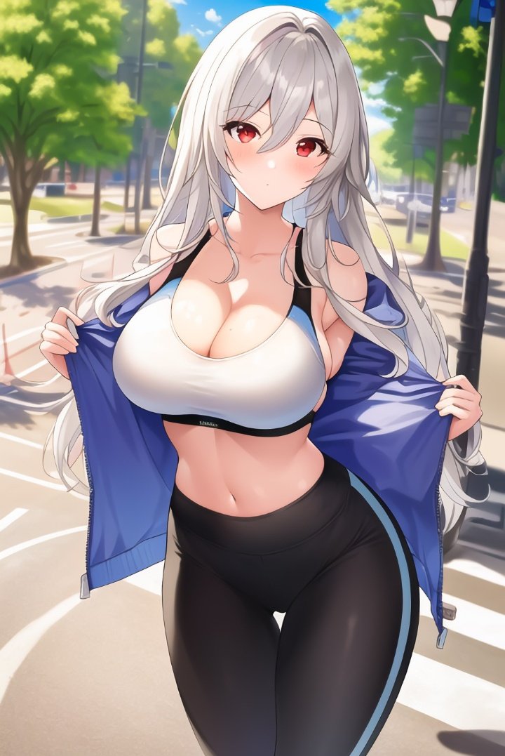ai generated, big breasts, breasts, female, open jacket, red eyes, thick thighs, white hair, yoga pants