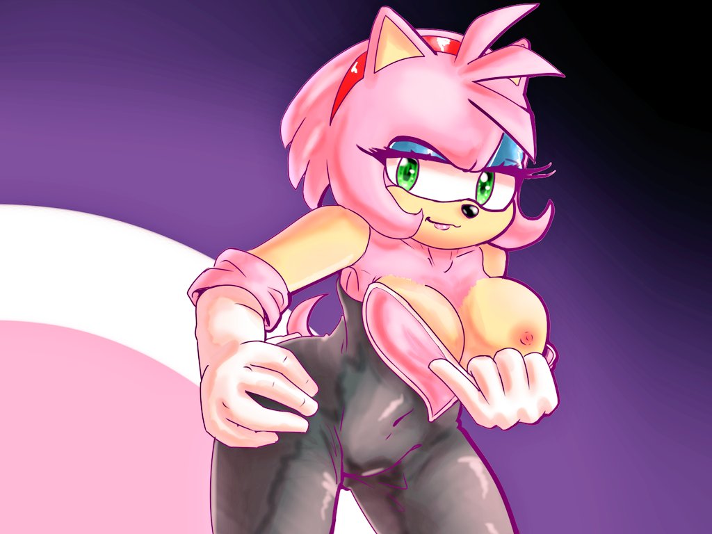 amy_rose amy_the_bat big_breasts bodysuit breasts eyeshadow gloves large_breasts nes_pandansfw one_breast_out pulling_clothing rouge_the_bat_(cosplay) sega sonic_(series) tongue_out