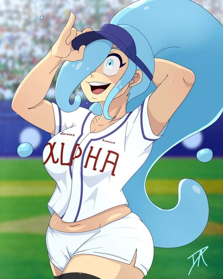 athletic_female baseball_bat baseball_field blue_eyes blue_hair breasts cap character_request dalley_le_alpha exposed_midriff female female_only hair_over_one_eye hat long_hair oc original original_character ponytail shorts text text_on_clothing thick_thighs thighs tied_hair