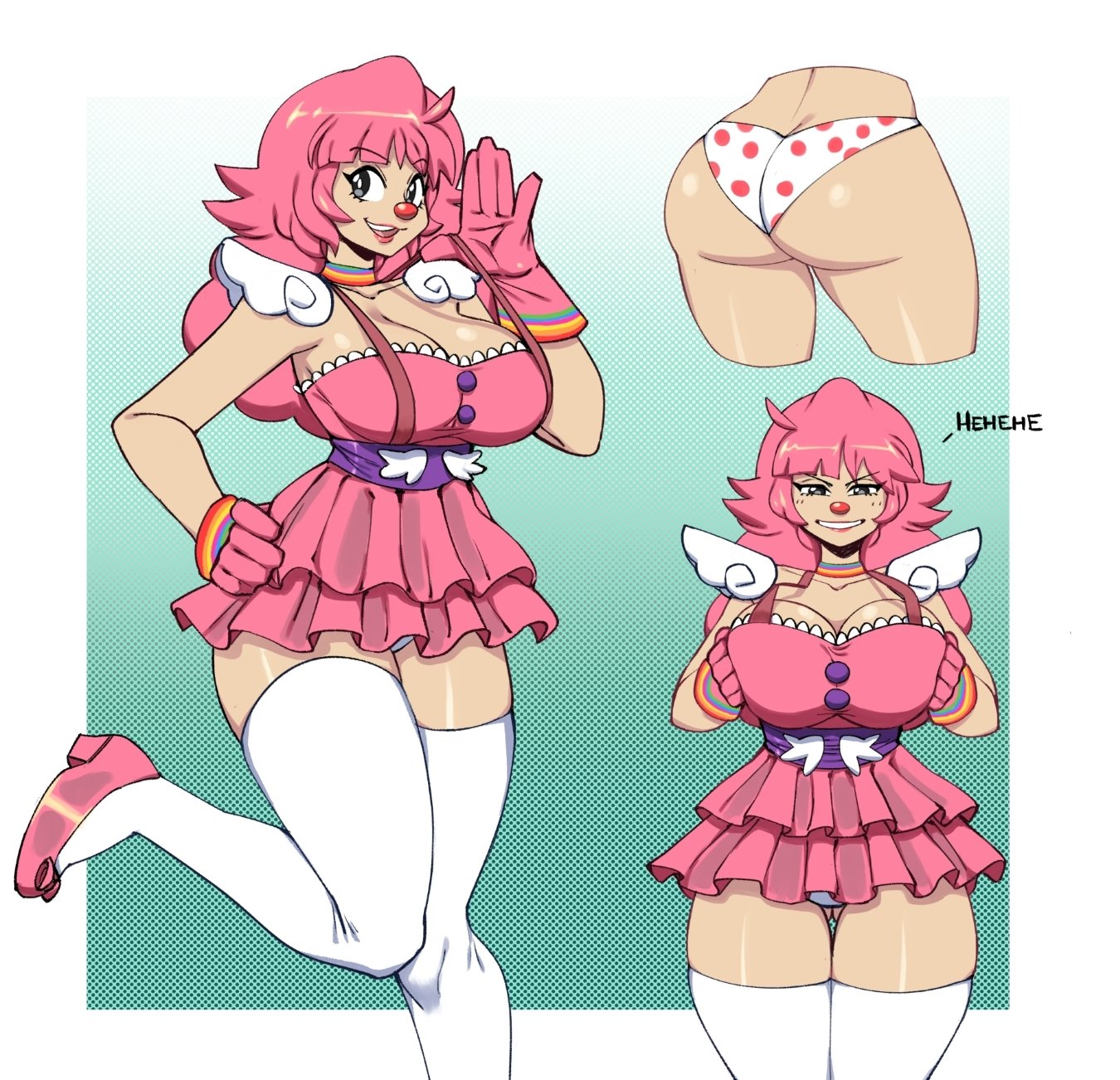 ass, ass focus, clown, clown girl, female, geiru toneido, gyakuten saiban, mossy (artist), panties, pink clothing, pink hair, skirt, tagme, thick thighs, thin waist