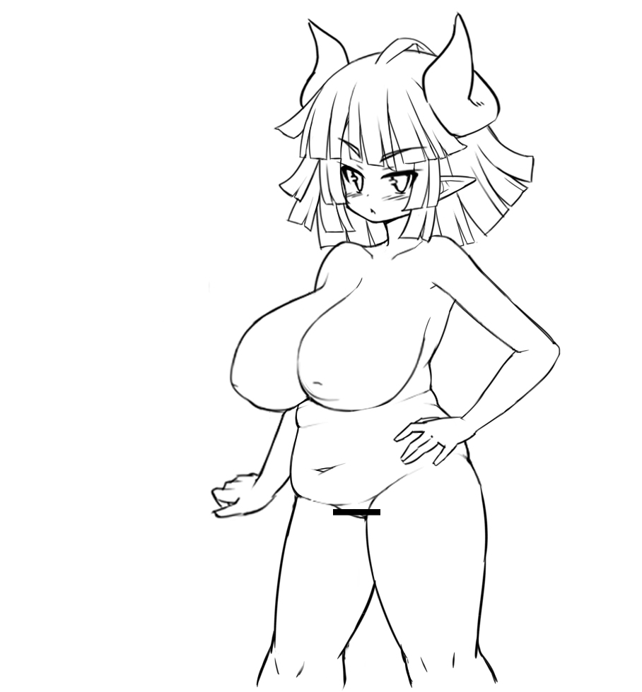 alternate_version_available breasts censor_bar censored censored_pussy chubby_female completely_nude completely_nude_female demon_girl demon_horns huge_breasts inverted_nipples la_pucelle_tactics large_breasts nippon_ichi_software overlord_priere priere sawati thick_thighs thighs