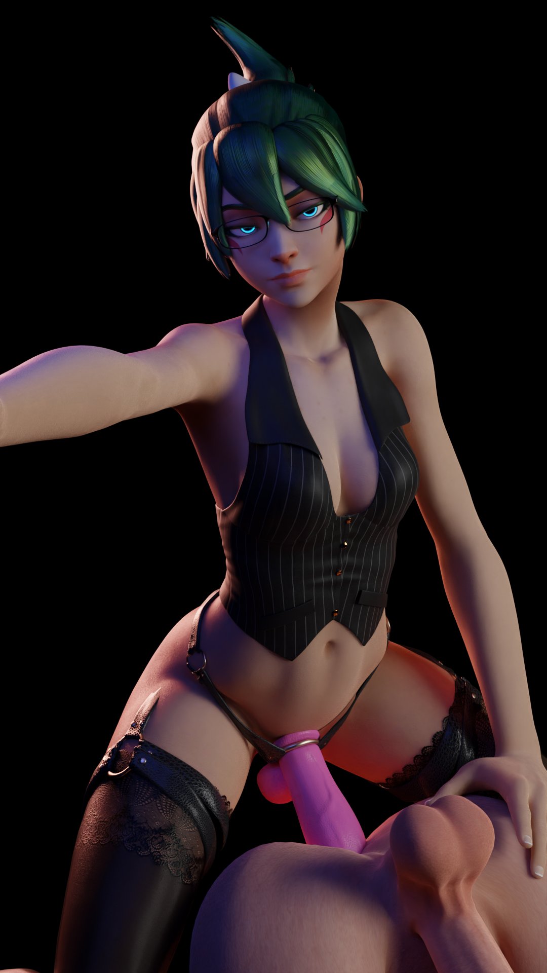 3d, blizzard entertainment, female, green hair, kiriko (overwatch), kiriko kamori, male, male penetrated, overwatch, overwatch 2, partially clothed, pegging, pegging male, strap-on, strapon, typiconart