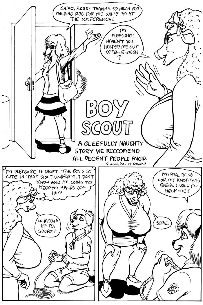 age_difference anthro bent_over black_and_white bovid bovine boy_scout breasts canid canine canis cattle cleavage clothed clothing comic dialogue domestic_dog door english_text eyewear female fully_clothed fur gesture glasses group huge_breasts humor karno kneeling male male/female mammal mature_anthro mature_female monochrome older_female open_mouth open_smile page_1 scout_uniform smile speech_bubble tail text waving young younger_male