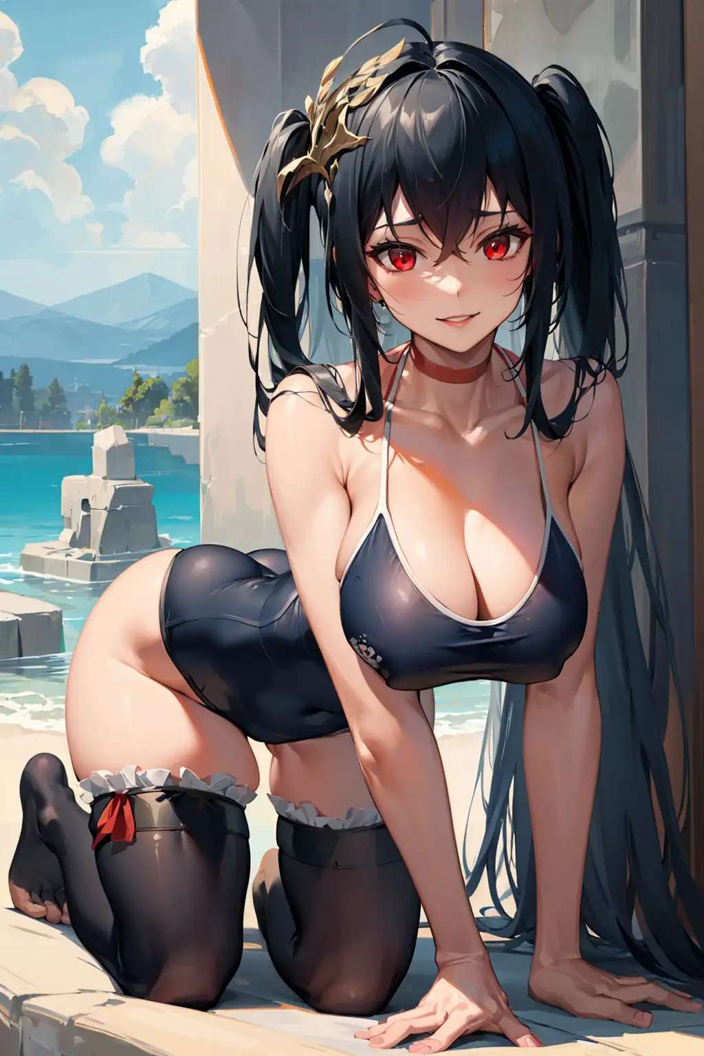 ai generated, azur lane, black hair, black legwear, cleavage, female, female focus, female only, hi res, long hair, looking at viewer, on all fours, red eyes, stable diffusion, taihou (azur lane), toeless legwear, twintails, voluptuous, voluptuous female