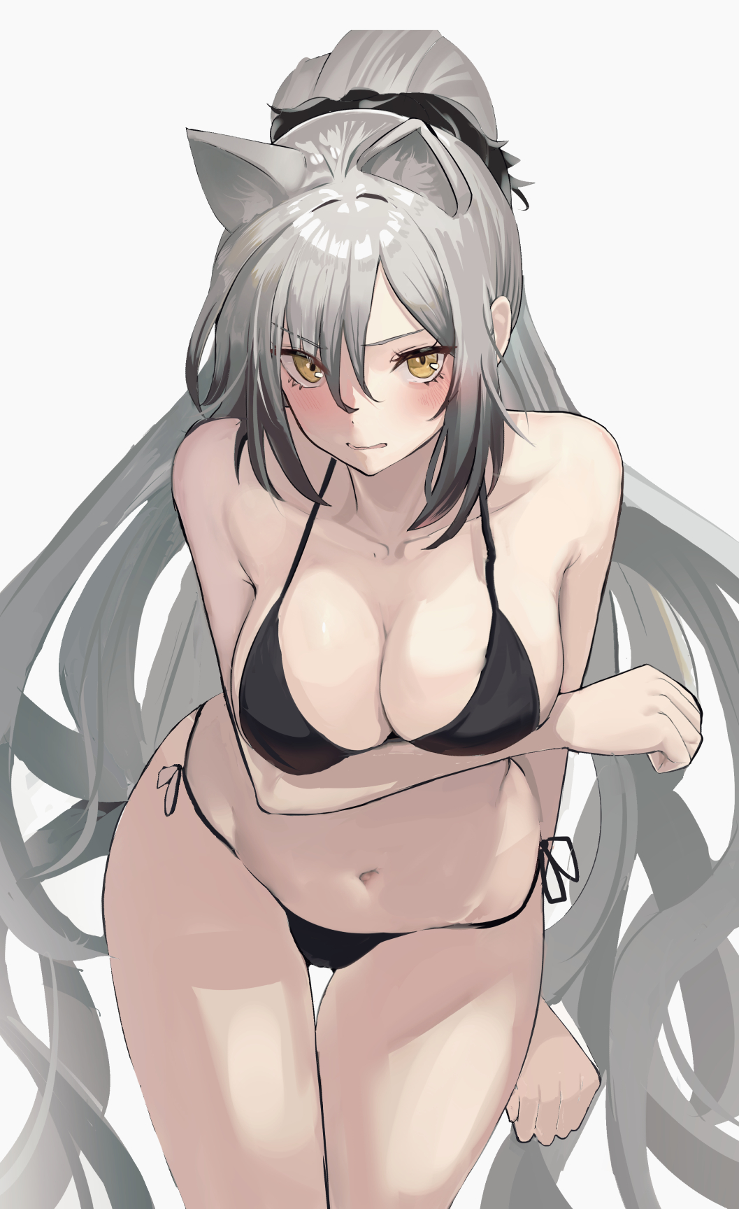 1girls, 2023, animal ears, arknights, big breasts, bikini, black underwear, blush, bra, breasts, cat ears, cat girl, catgirl, female, hi res, kemonomimi, light skin, light-skinned female, long hair, looking at viewer, schwarz (arknights), silver hair, solo, solokitsune, underwear, yellow eyes