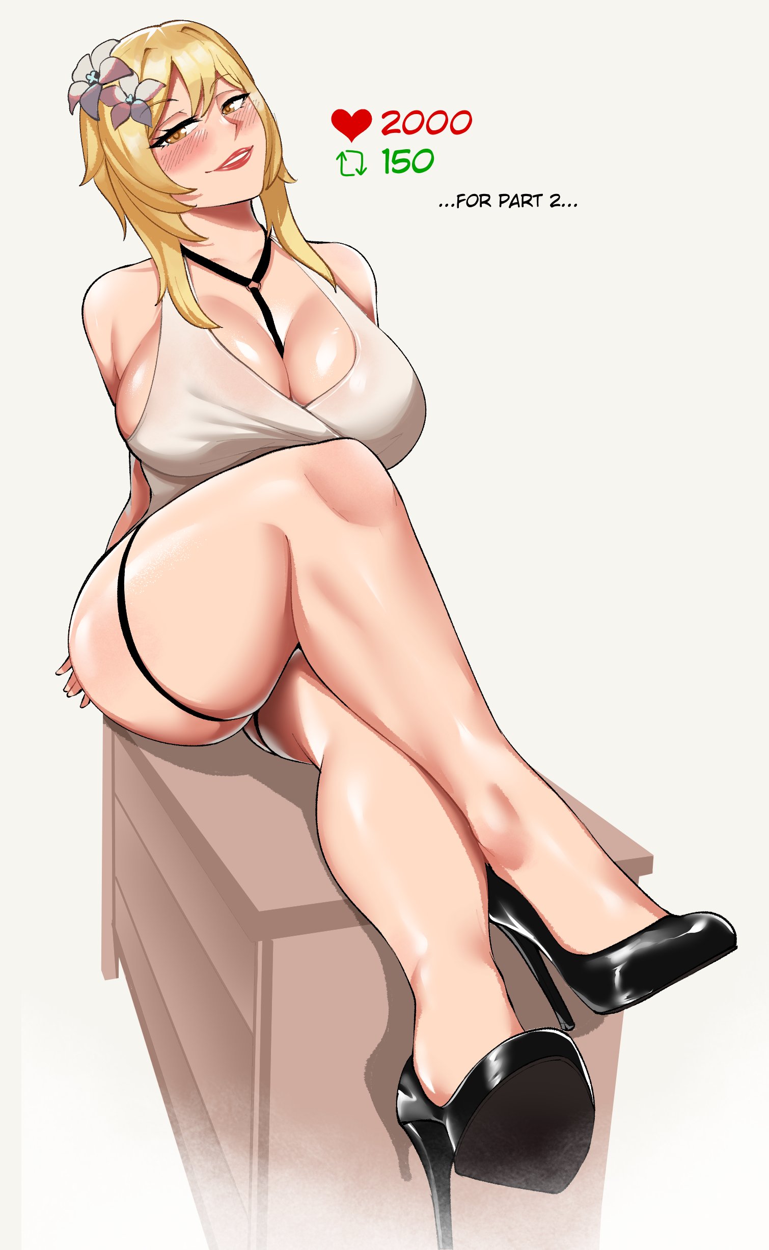 1boy, 1girls, blonde hair, breasts, female, genshin impact, huge breasts, long hair, lord socar, lumine (genshin impact), male, male pov
