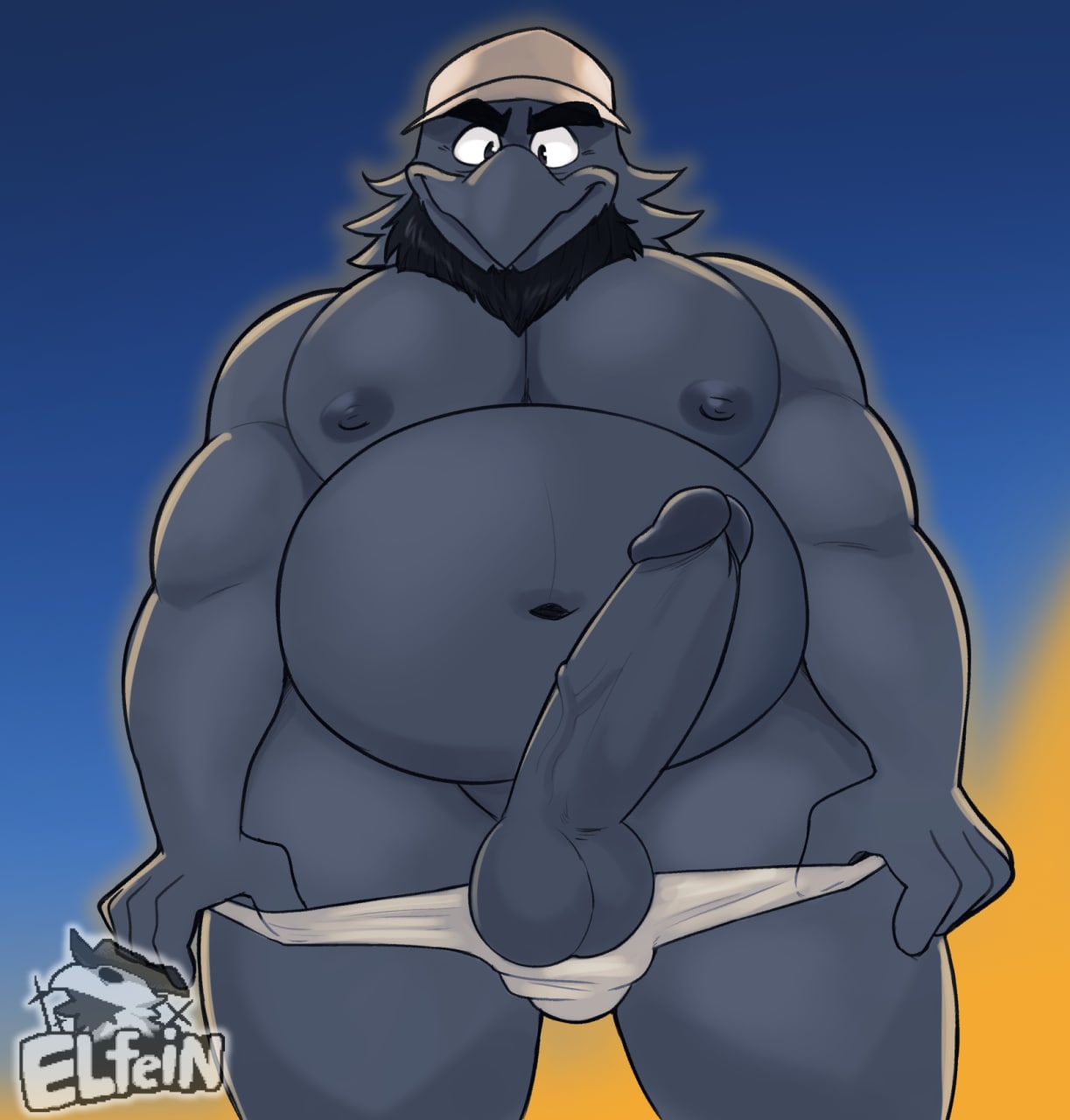 andres_(elfein) anthro avian balls beak beard big_balls big_pecs big_penis bird black_beak black_beard black_body black_eyebrows black_fur black_nipples clothed clothing corvid corvus_(genus) crow elfein erection eyebrows facial_hair fur genitals hat headgear headwear hi_res humanoid_genitalia humanoid_penis looking_at_viewer male musclegut muscular muscular_arms muscular_male navel nipples oscine partially_clothed passerine pecs penis presenting slightly_chubby solo underwear underwear_down vein veiny_penis