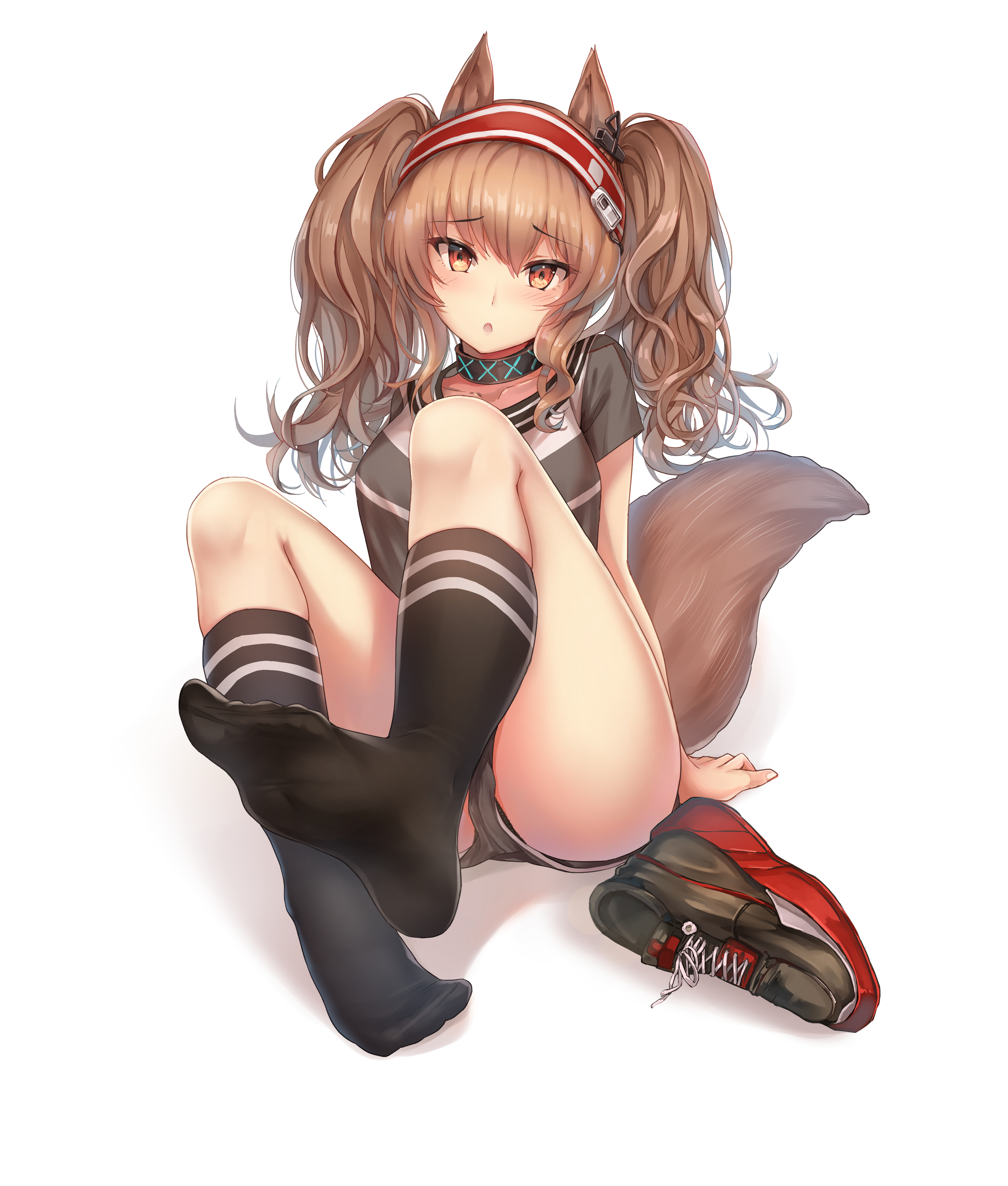 1girls, angelina (arknights), arknights, brown hair, feet, feet visible through clothing, female, footwear, fox ears, fox girl, fox tail, light skin, light-skinned female, looking at viewer, panties, simple background, sitting, sock fetish, socks, solo, toes, twintails, yuemanhuaikong