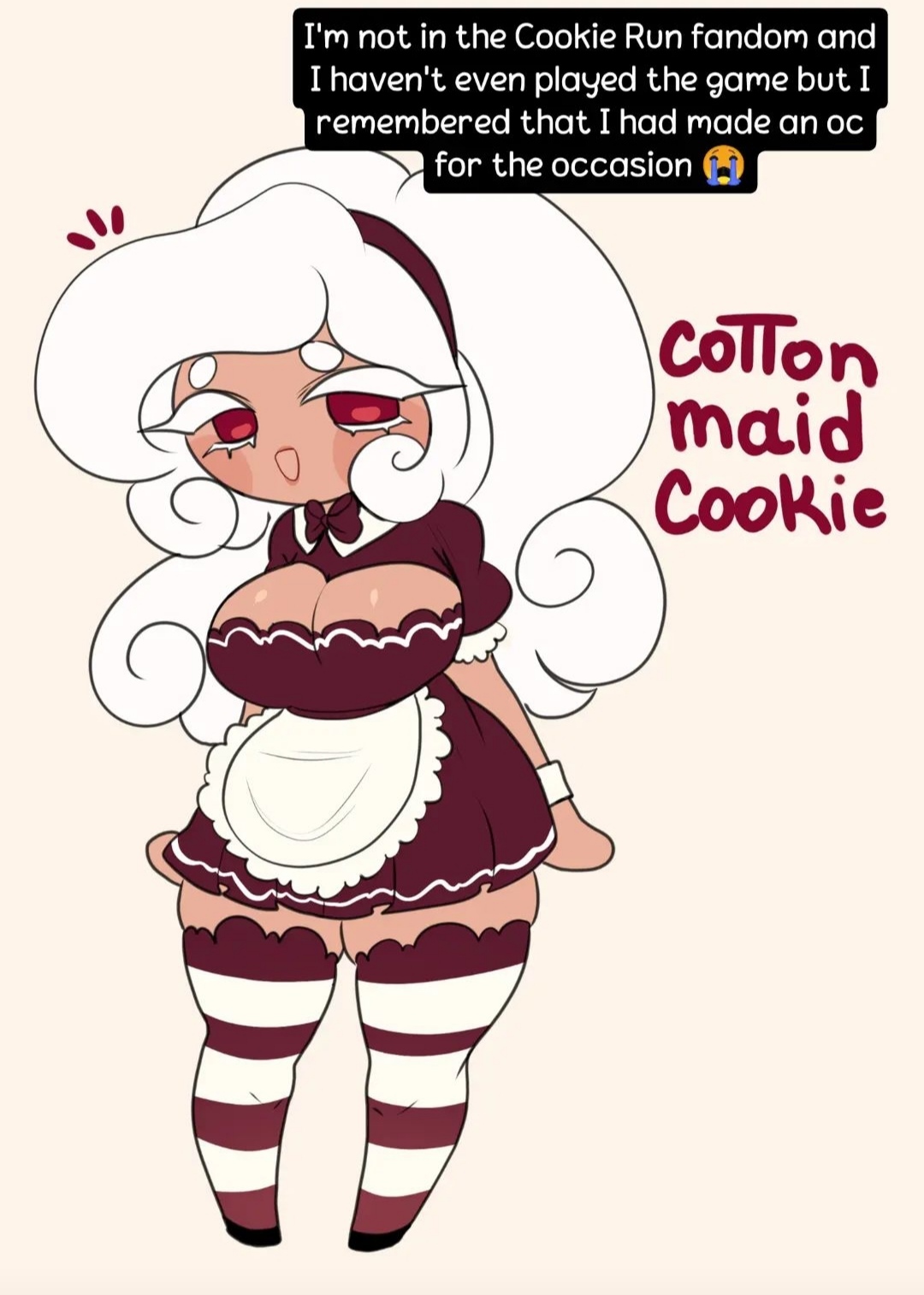 1girls, asshushie, big breasts, bowtie, breasts, cleavage, colored, colored eyelashes, cookie, cookie run, cookie run kingdom, cooking, curvaceous, dress, female, full body, hairband, huge breasts, large breasts, legwear, lips, long hair, looking at viewer, luvanely, maid apron, maid outfit, maid uniform, oc, open mouth, original, original artwork, original characters, pleated skirt, red eyes, short eyebrows, simple background, solo, standing, striped legwear, tan body, thigh highs, thighhighs, thighs, white hair, wide hips