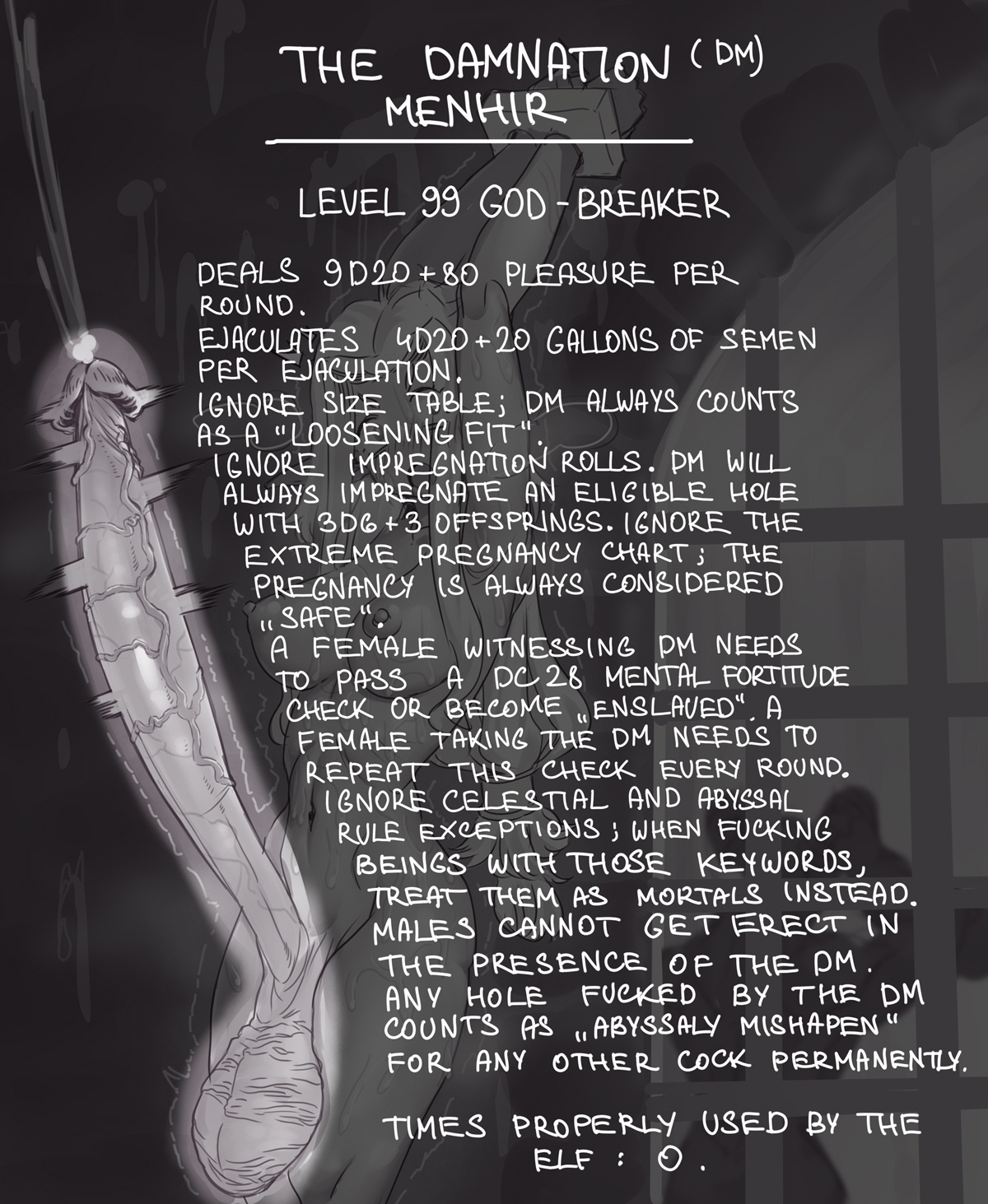 1futa, areolae, balls, big balls, big penis, blush, breasts, cum, description, dialogue, ejaculation, elf, elf ears, elf female, elf futa, english text, erectile dysfunction, erection, female, focus on penis, futa only, futanari, futasub, gameplay mechanics, gigantic penis, greyscale, hands-free, handsfree ejaculation, huge cock, humanoid, humanoid penis, hung bottom, imprisoned, intersex, item description, light skin, light-skinned futa, mind control, nipples, nude, orgasm, panzermeido, penis, secunduspublius, solo, solo futa, standing, text
