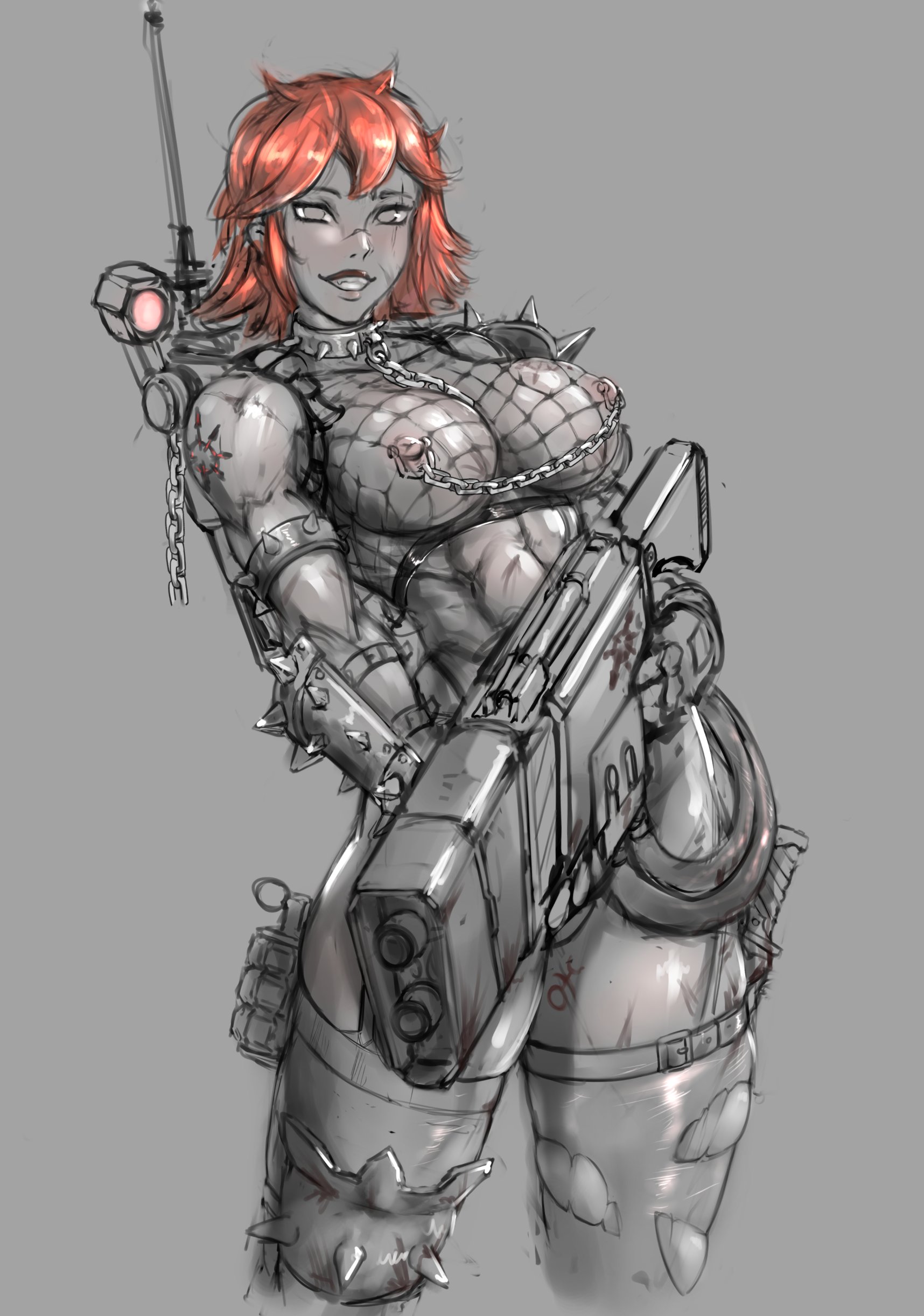 1girls, abs, athletic, athletic female, bimbo lips, chain leash, chains, chaos (warhammer), chaos cultist, darktide, female, female only, fishnet, fishnets, greyscale, gun, lasgun, linked nipples, monochrome, nipple chain, orange hair, partially colored, pierced nipples, piercing, scab gunner, scar, scars, short hair, sirpetus, slaanesh, slaanesh mark, smiling at viewer, solo, solo female, spiked collar, tagme, tattoo, thick thighs, thighhighs, tomboy, toned, toned female, warhammer (franchise), warhammer 40k, weapon