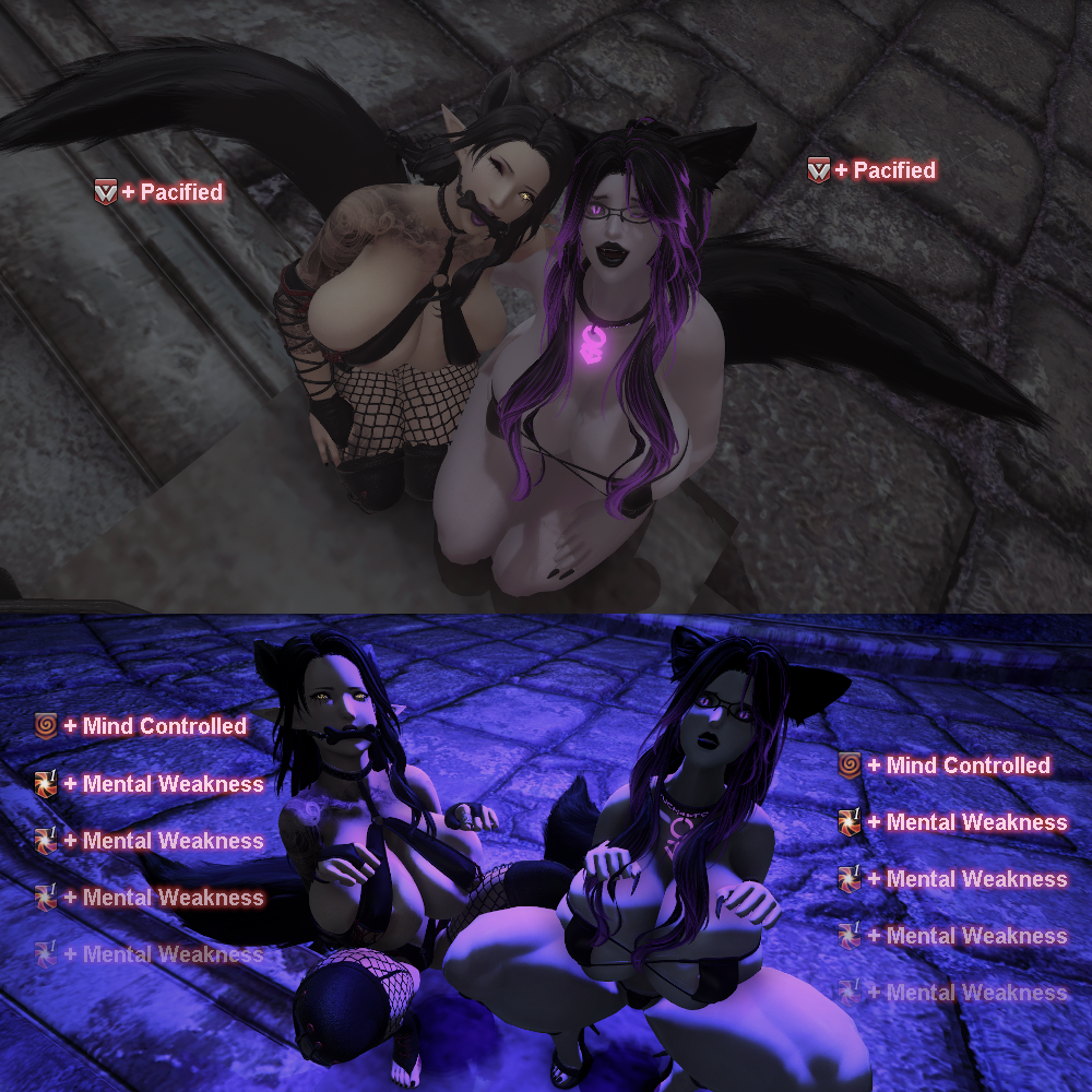 2023 2girls 3d azabella_kazelith before_and_after black_hair black_lipstick black_nails breasts cev_(xiv) debuff english english_text female_only final_fantasy_xiv fishnets gag gagged gameplay_mechanics glowing_eyes gpose(ffxiv) instant_loss_2koma kneeling large_breasts long_fingernails long_hair looking_at_viewer lucy_dyalvol mind_control purple_eyes purple_highlights slutty_outfit squatting status_effect thick_thighs yellow_eyes