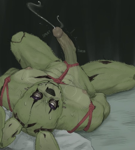 animatronic, cum, five nights at freddy's, fnaf, green skin, huge cock, male, male only, nipples, penis, rabbit, solo, solo male, springtrap, springtrap (fnaf), sweating, tied up