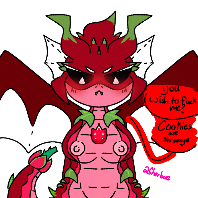 breasts cookie_run dialogue dragon dragon_girl female pitaya_dragon_cookie scales sherbae solo white_background