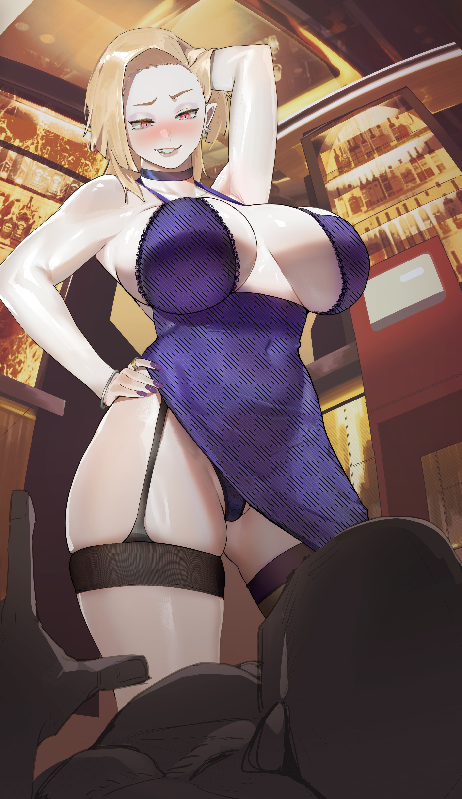 1boy, 1girls, 2023, 2d, 2d (artwork), 4 orz, android 18, bedroom eyes, belly, big breasts, big thighs, biting lip, blonde hair, blush, blushing at partner, breasts, busty, choker, cleavage, clothed, dragon ball, dragon ball super, dragon ball z, dress, ear piercing, eyeshadow, female, female focus, femdom, hand on hip, hi res, highres, hourglass figure, huge breasts, large breasts, large thighs, light skin, light-skinned female, lingerie, male, purple clothing, purple dress, purple fingernails, red eyes, short hair, shounen jump, skindentation, stockings, thick thighs, thighs, thong