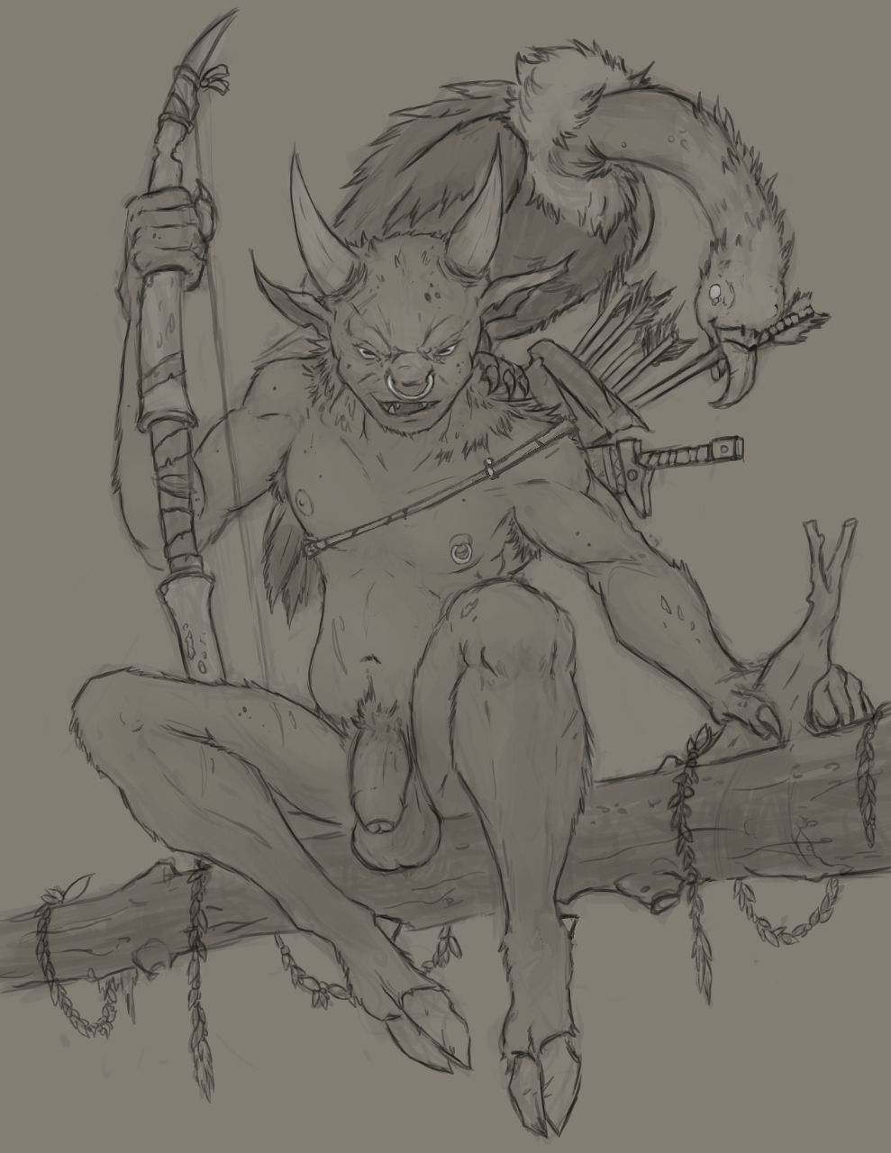 beastman beastman_(warhammer) casual casual_nudity flaccid hooves in_tree izrez male_only monochrome nature piercing satyr solo solo_male tagme tree ungor_(warhammer) warhammer_(franchise) warhammer_fantasy