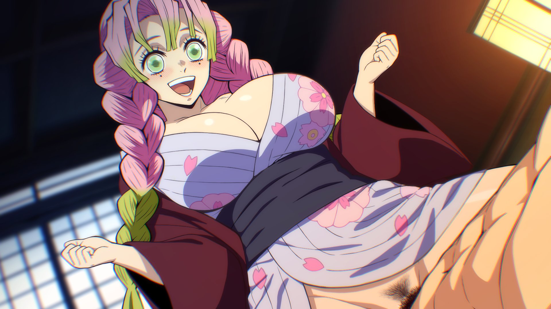 1boy, 1girls, bajima shouhei, big breasts, breasts, clothed, clothed female nude male, clothed sex, cowgirl position, demon slayer, faceless male, female, full color, green eyes, green hair, hairy, hairy pussy, kanroji mitsuri, kimetsu no yaiba, kimono, male, muscular, muscular male, partial male, pink hair, pink-haired female, pussy, sex, tagme, two-tone hair, yukata