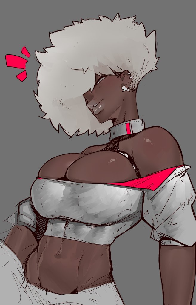 1girls afro belly belly_button big_breasts breasts busty clevage collar dark-skinned_female dark_skin ear_piercing earrings female female_only fit fit_female hair_covering_eye hair_over_one_eye huge_breasts jankojaro large_breasts lips piercing piercings plump_lips revealing_clothes sketch tagme thick_lips thin_waist toned toned_female tummy white_hair