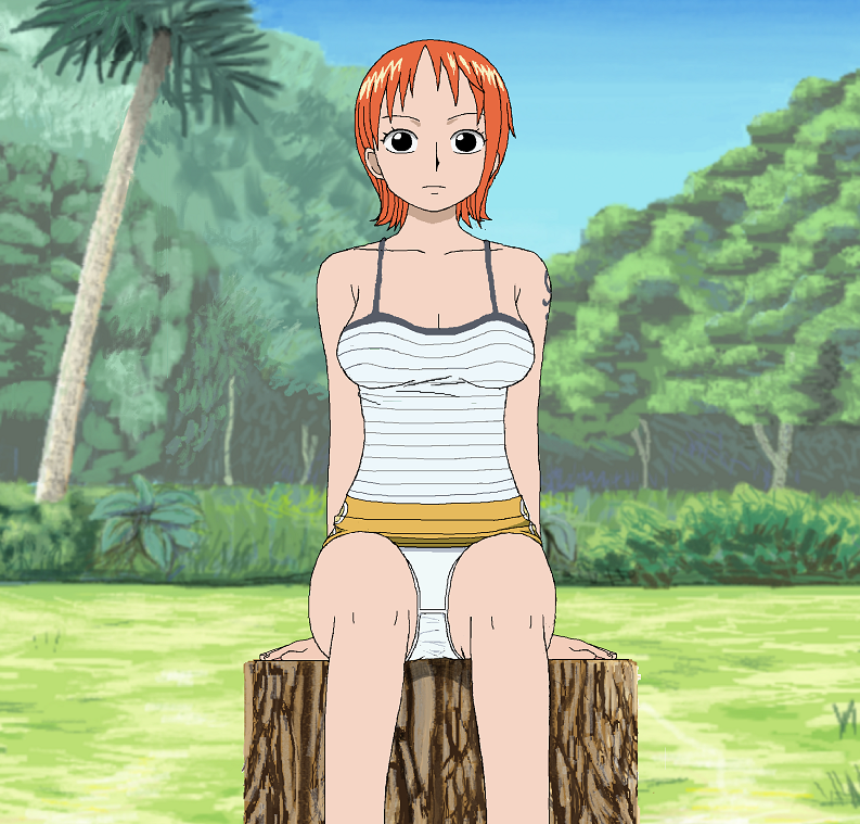 female female_only looking_at_viewer nami one_piece orange_hair panties pantyshot pre-timeskip short_hair sitting skirt tank_top upskirt yonkaku