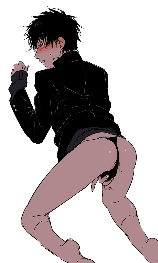 blush bulge class_3-z gakuran gintama hijikata_toshiro kneeling looking_back male male_only mame_(pixiv) official_alternate_costume rear_view restricted_palette school_uniform solo sweater thong uniform