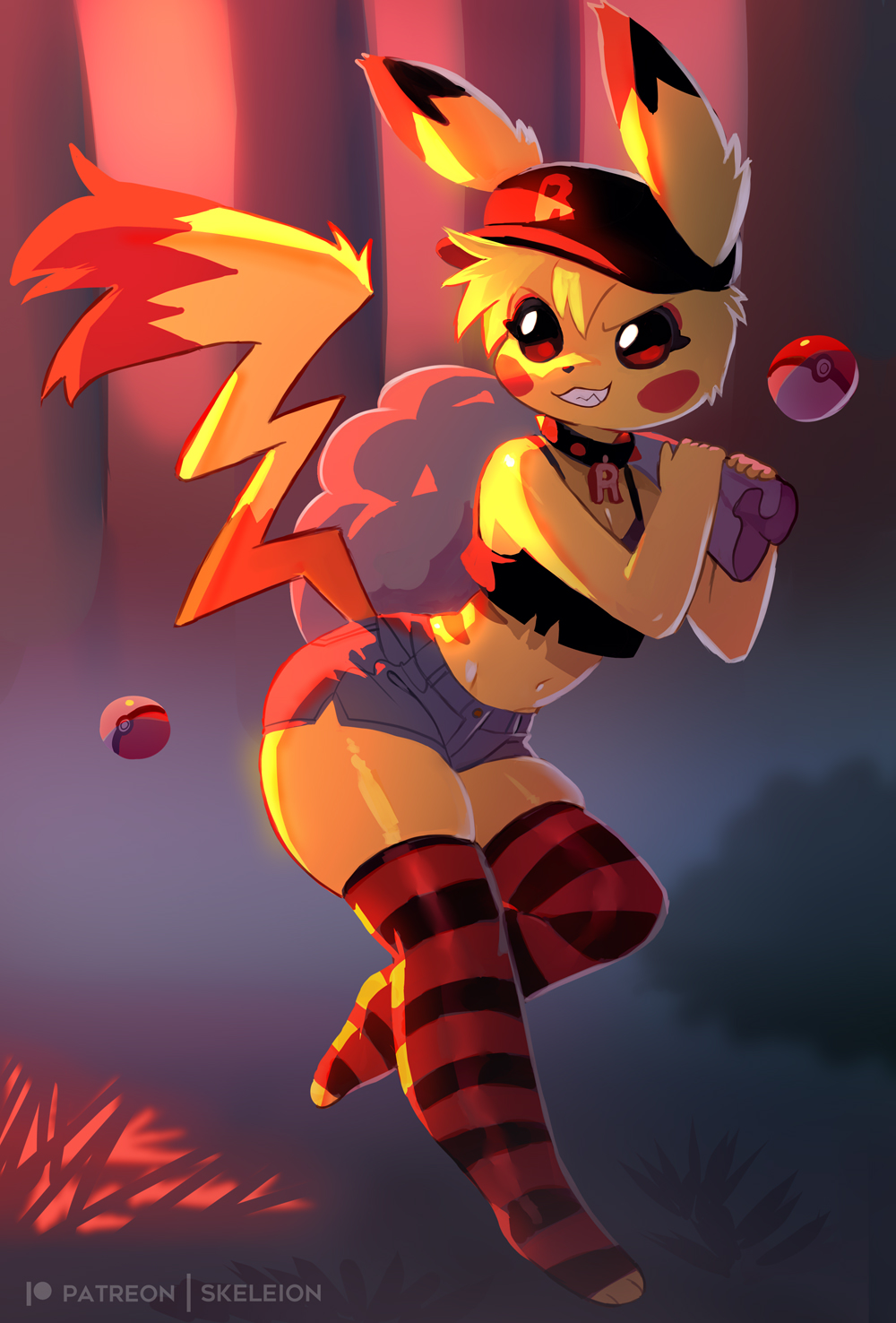 2022, anthro, bag, barefoot, black eyes, blonde hair, bottomwear, breasts, brown body, brown fur, clenched teeth, clothed, clothing, collar, crop top, digital media (artwork), feet, female, forest, forest background, fully clothed, fur, generation 1 pokemon, glistening, glistening eyes, hair, hat, headgear, headwear, hi res, holding object, legwear, nature, nature background, navel, nintendo, outside, pikachu, plant, pokeball, pokemon, pokemon (species), pokemorph, rocketchu, running, shaded, shirt, shorts, skeleion, small breasts, smile, smirk, solo, spiked collar, spikes, standing, striped body, striped fur, stripes, team rocket, teeth, thick thighs, thigh highs, topwear, tree, yellow body, yellow fur