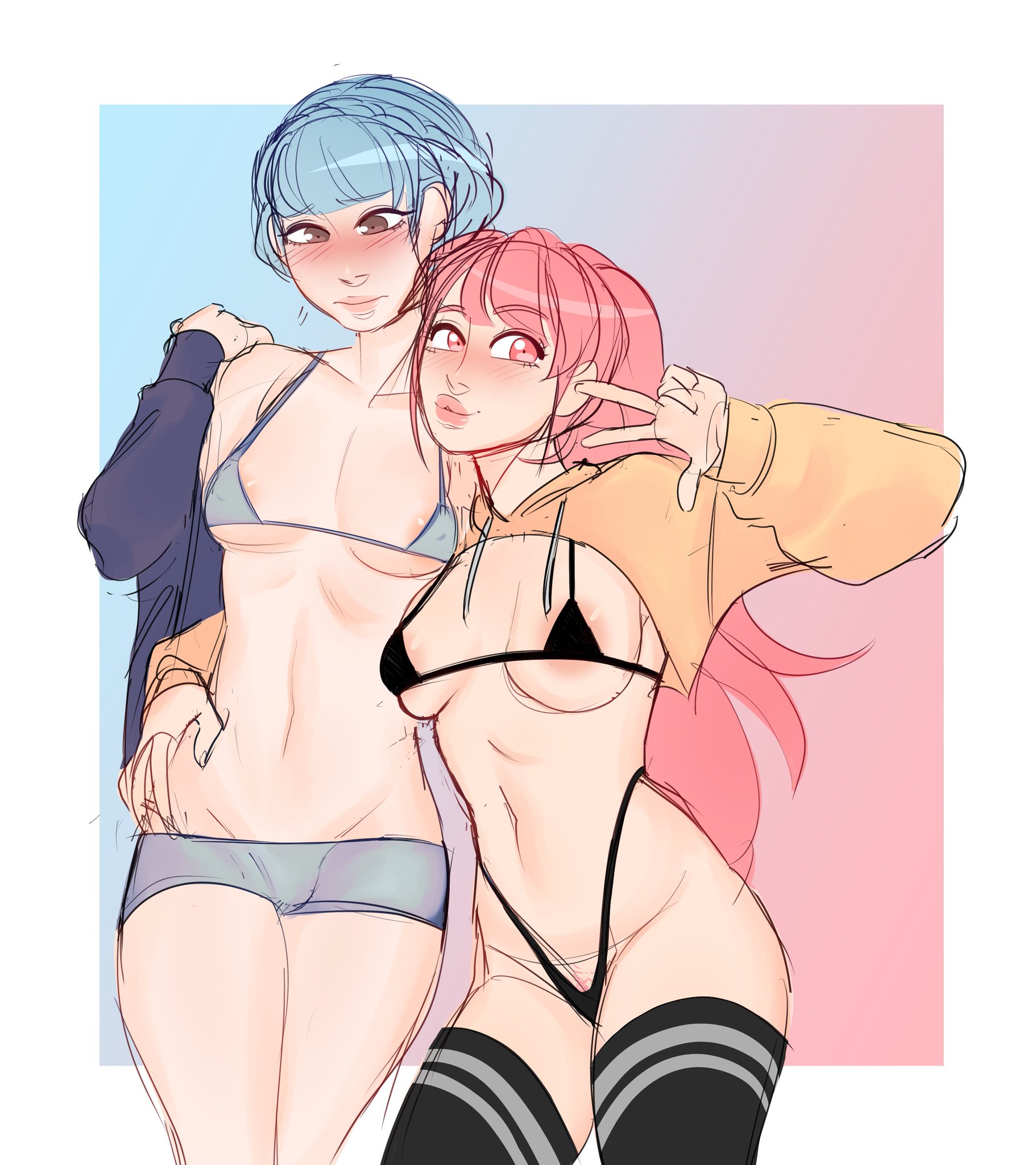 2girls, arm around waist, artist request, black panties, blue hair, blush, breasts, female, female only, fire emblem, fire emblem: three houses, hand on hip, hilda valentine goneril, marianne von edmund, micro bikini, mostly nude, multiple females, multiple girls, nintendo, panties, pink hair, pubic hair, source request, underwear, v